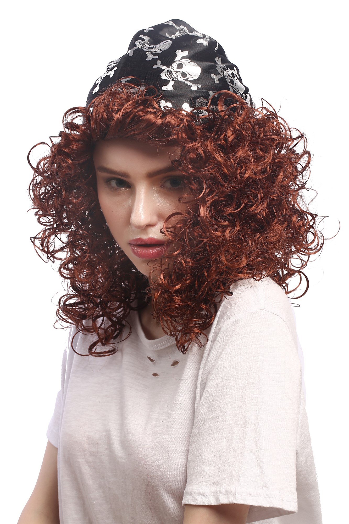 Lady Party Wig Halloween Fancy Jenny Pirate Queen curly wild reddish brown volume bandana, view 2, WIG ME UP: Your Perücken Online Shop Party Wig, Ladies, Brown, curled, shoulder-length