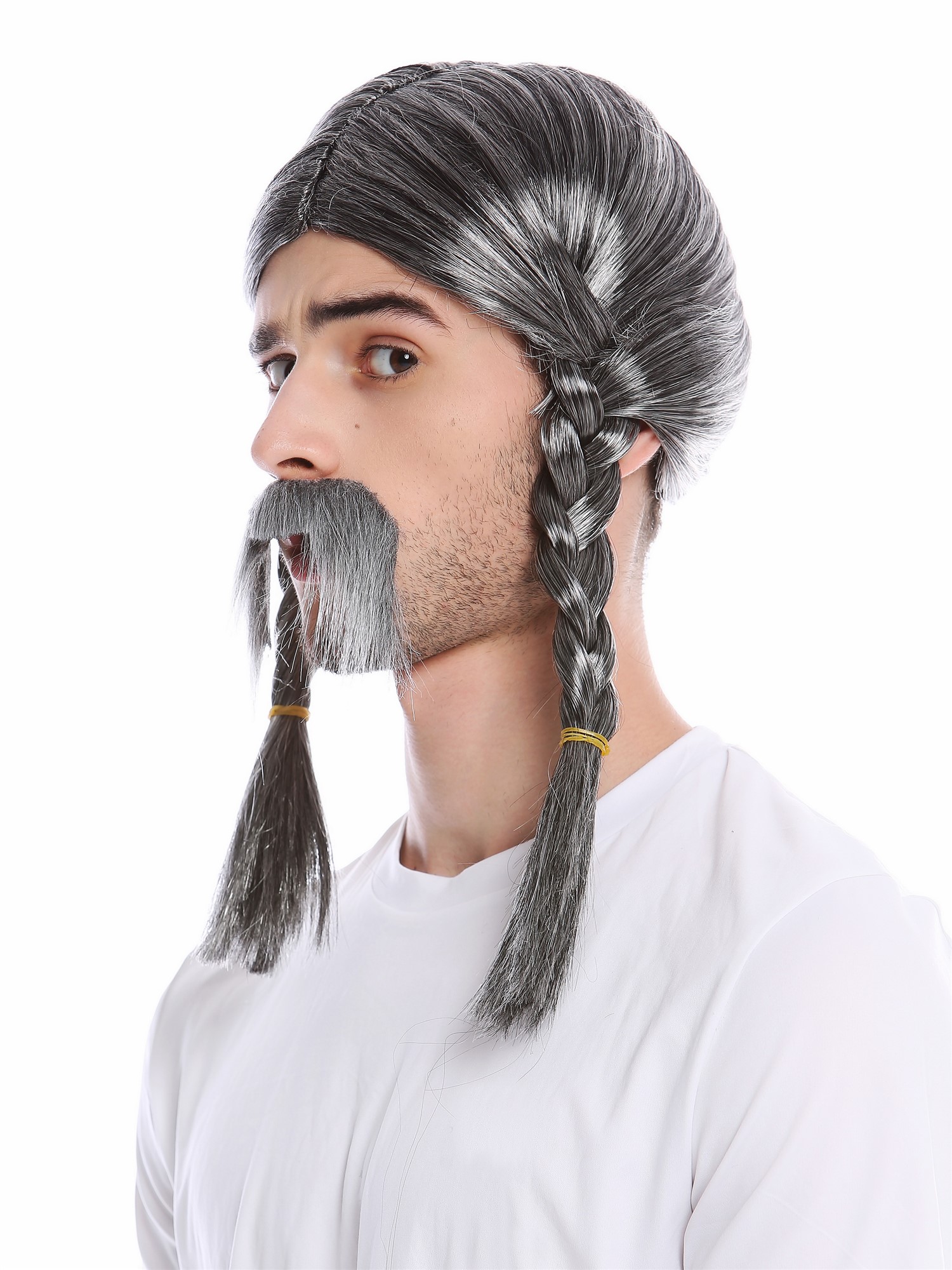 günstige Party Perücke, Perücke Bart Wikinger Gallier Zöpfe Grau 91099-ZA63/ZA103, Ansicht 3, WIG ME UP: Ihr Perücken Online Shop geflochtene Party Perücke Grau lange Haare für Herren