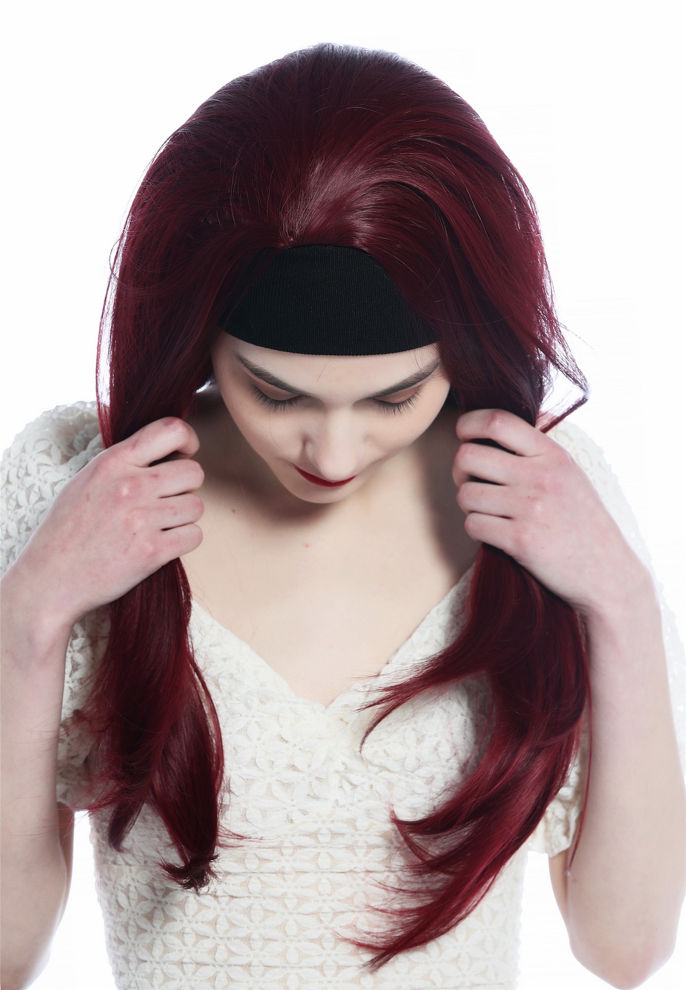 Lady wig half wig black headband retro long straight burgundy garnet red H9306, view 5, WIG ME UP: Your Perücken Online Shop Quality Wigs, Ladies, aubergine, straight, long