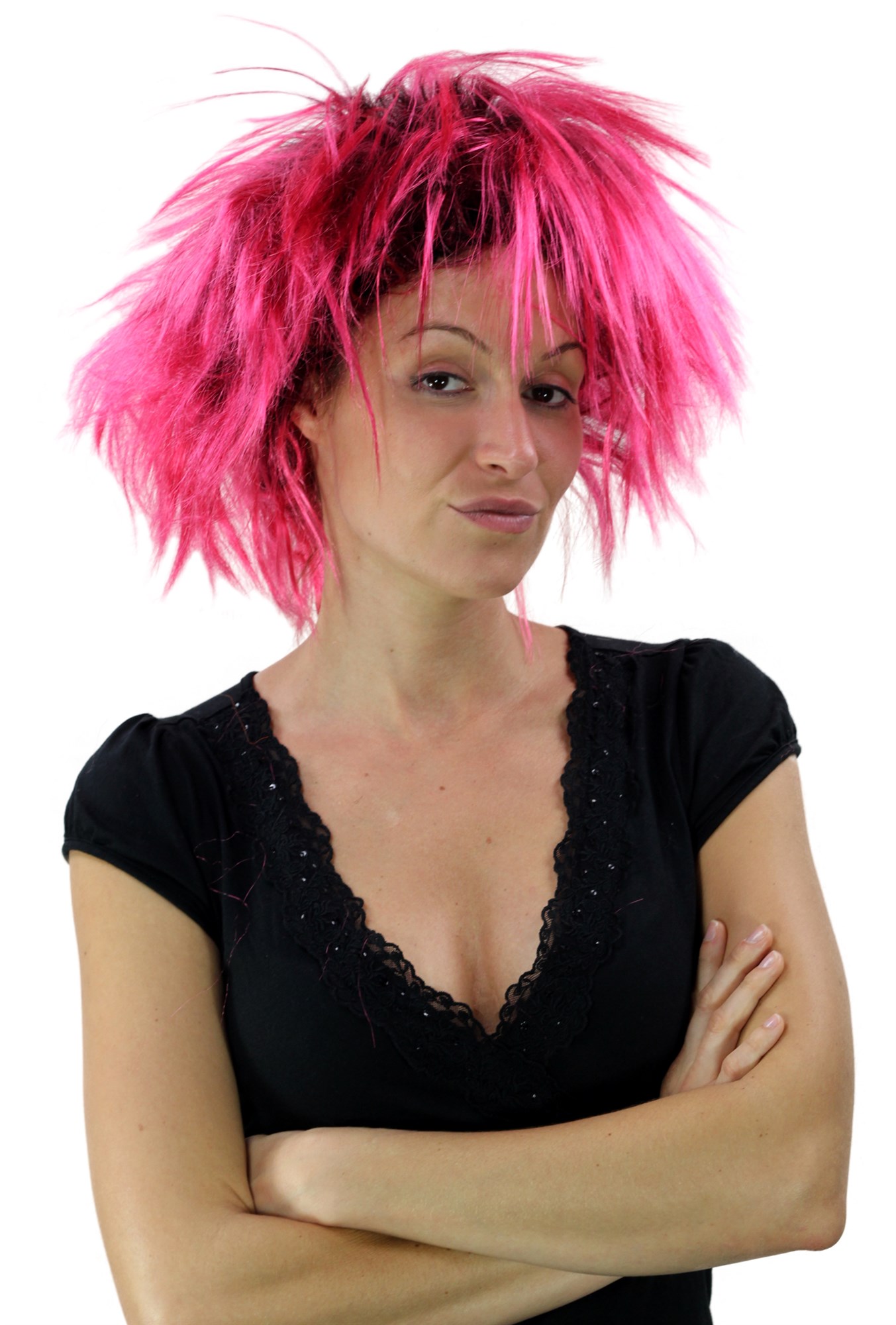 günstige Party Perücke, 80er Jahre Perücke Punk Glam Schwarz-Pink PW0078, Ansicht 2, WIG ME UP: Ihr Perücken Online Shop wellige Party Perücke sonstige kurze Haare Unisex