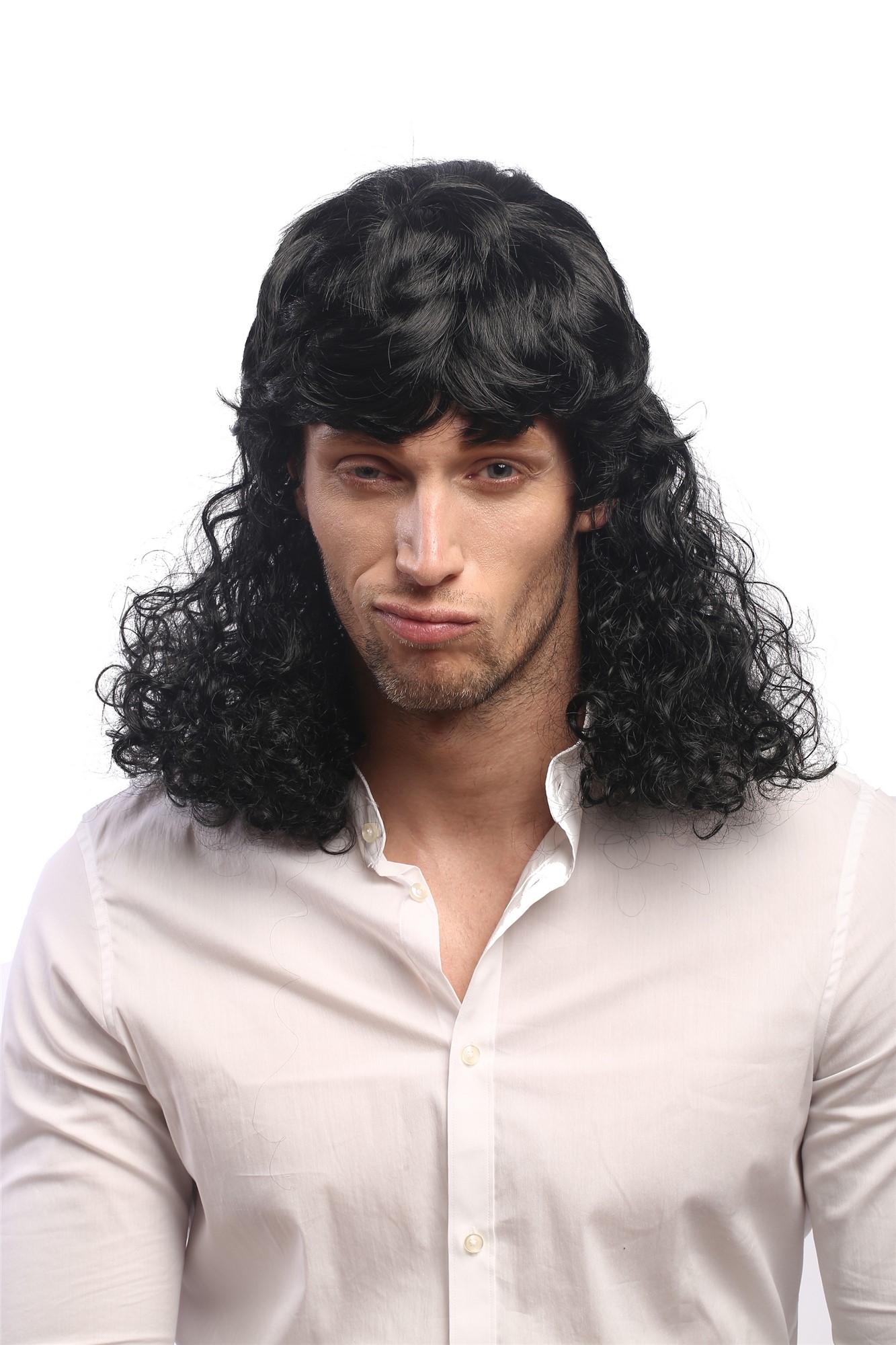 Lady Man Party Wig Halloween very long black Mullet long dense curly hair 60893, front view, WIG ME UP: Your Perücken Online Shop Party Wig, Unisex, Black, curled, long