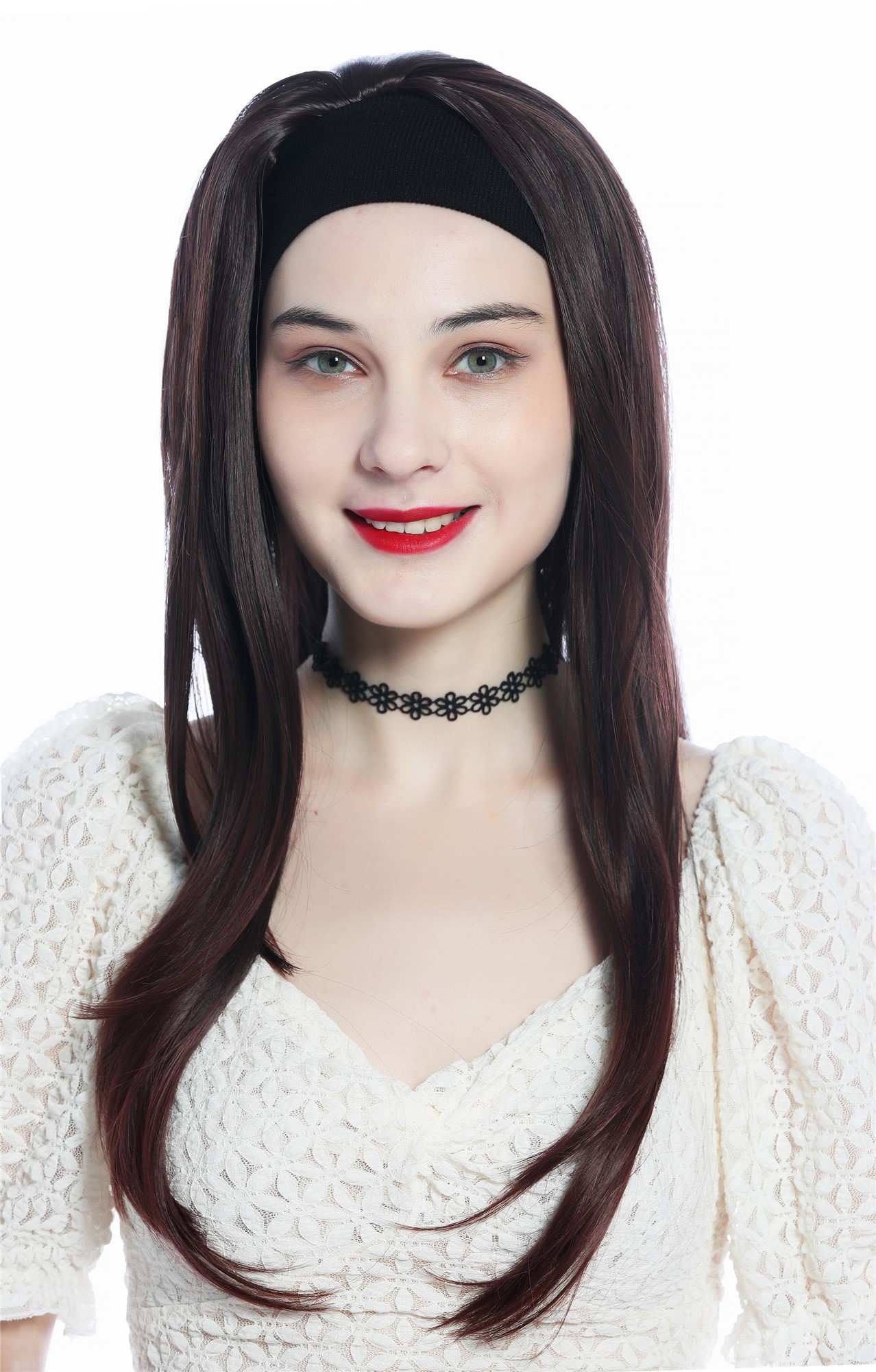 glatte Tressen-Perücke mit Stirnband Schwarzbraun-Rotbraun-Mix lange Haare für Damen