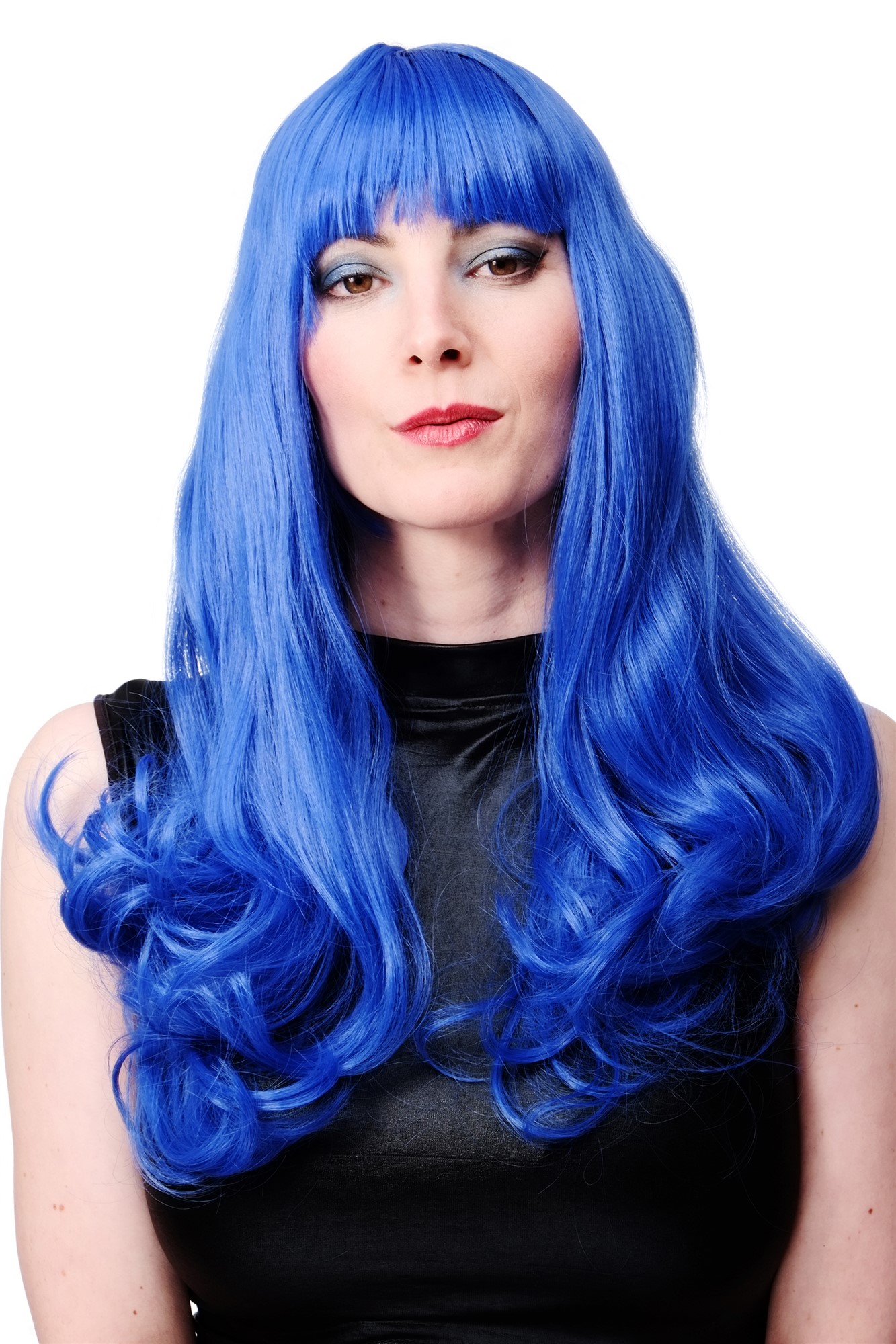 günstige Party Perücke, Perücke Katy Blau Pony Lang lockig Disco WIG021-BLUE, Vorderansicht, WIG ME UP: Ihr Perücken Online Shop wellige Party Perücke Blau lange Haare für Damen