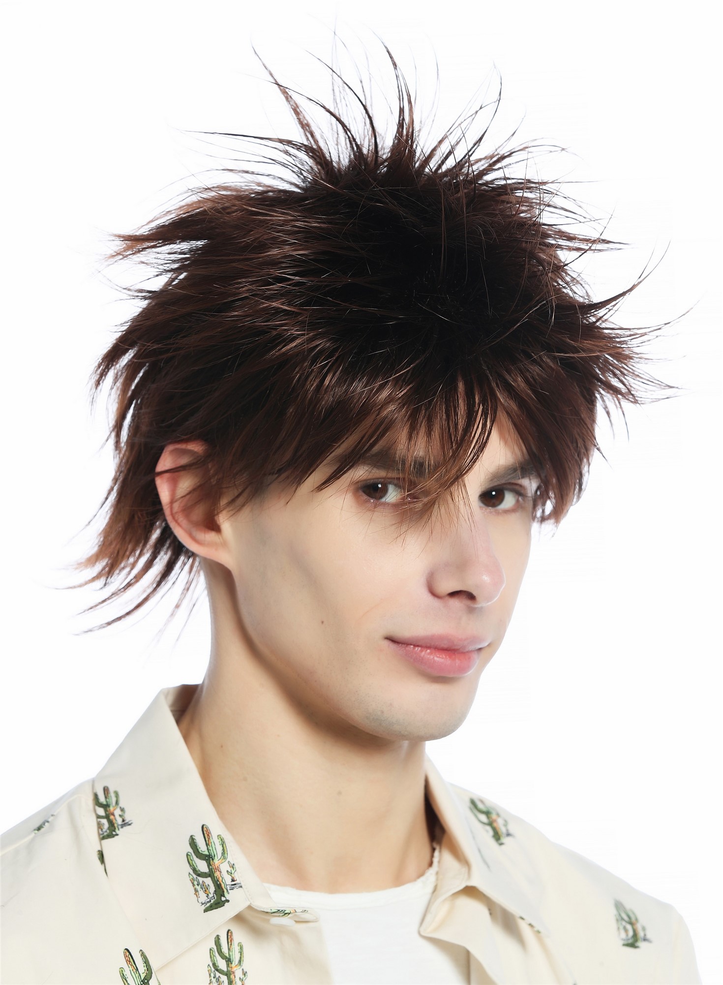 hochwertige Qualitätsperücken, Perücke kurz toupiert wilde Strähnen 80s retro Kastanie Braun Mix M-261-6T30, Vorderansicht, WIG ME UP: Ihr Perücken Online Shop glatte Tressen-Perücke Kastaniebraun mit Kupfersträhnen kurze Haare für Unisex