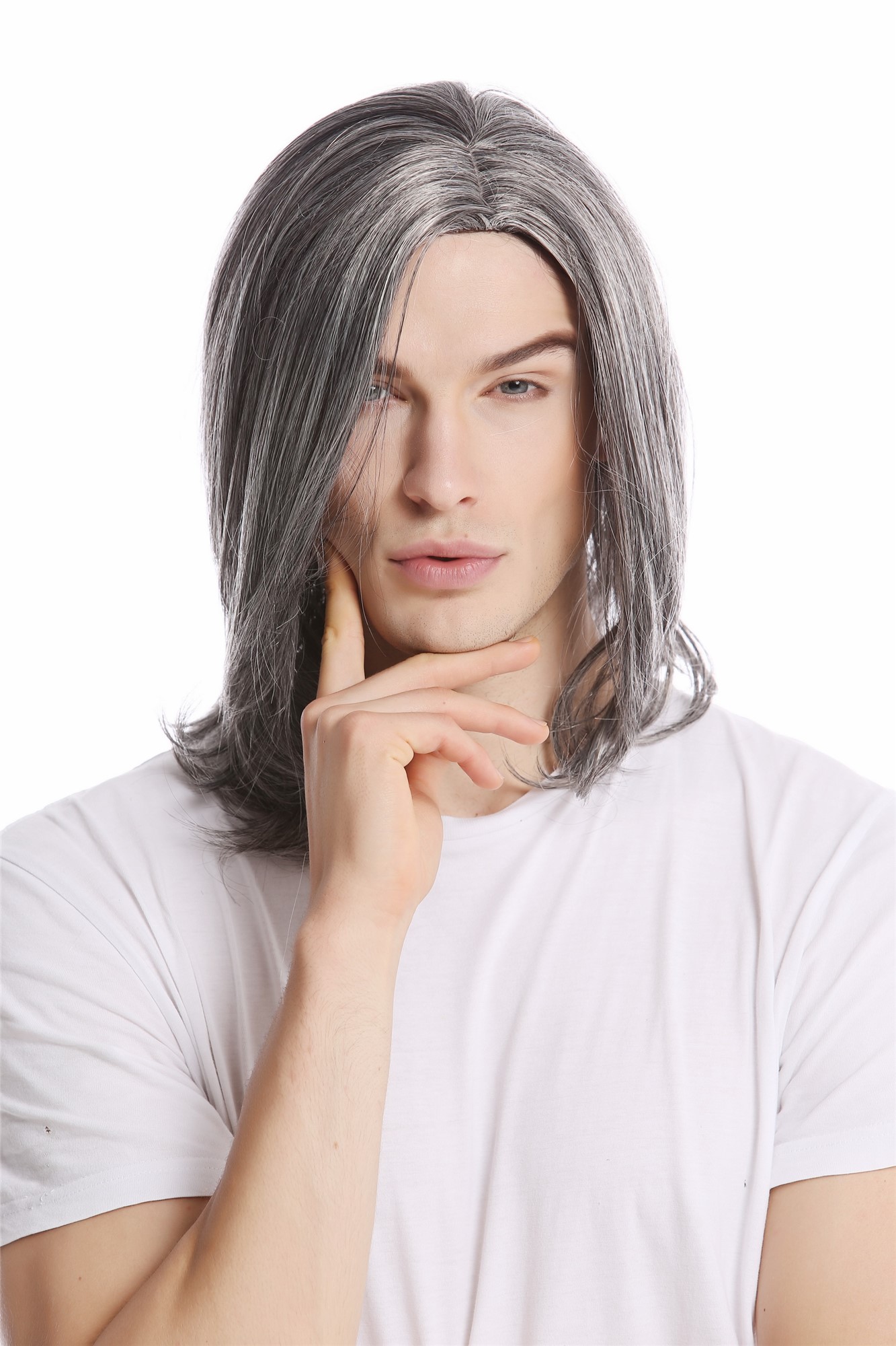 Men Gents Wig long straight middle parting aged rock star youthful modern look dark gray grey, front view, WIG ME UP: Your Perücken Online Shop Quality Wigs, Men, dark brown-gray mix, straight, shoulder-length