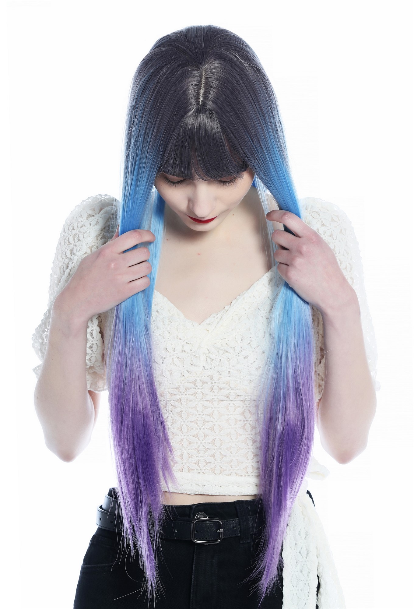 hochwertige Qualitätsperücken, Perücke lang glatt Pony Ombre Violett Hellblau Lila SZL0810B-T-002, Ansicht 6, WIG ME UP: Ihr Perücken Online Shop glatte Tressen-Perücke mit Kopfhaut-Imitat Grauviolett-Hellblau-Verlauf zu Lila lange Haare für Damen