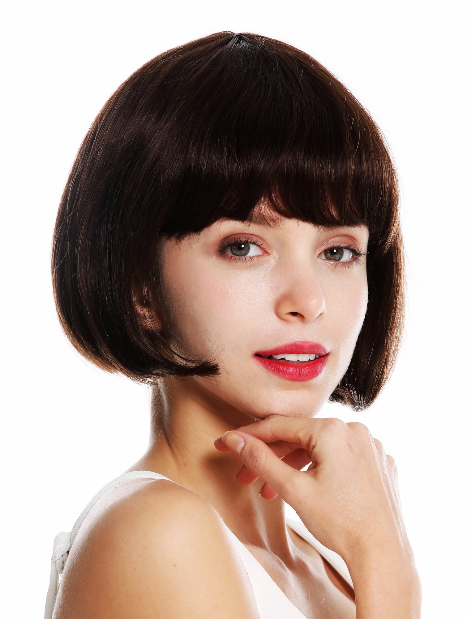 hochwertige Qualitätsperücken, Perücke Echthaar kurz Bob glatt Pony Braun VK-57-HH-6, Ansicht 2, WIG ME UP: Ihr Perücken Online Shop glatte Tressen-Perücke Echthaar Braun kurze Haare für Damen