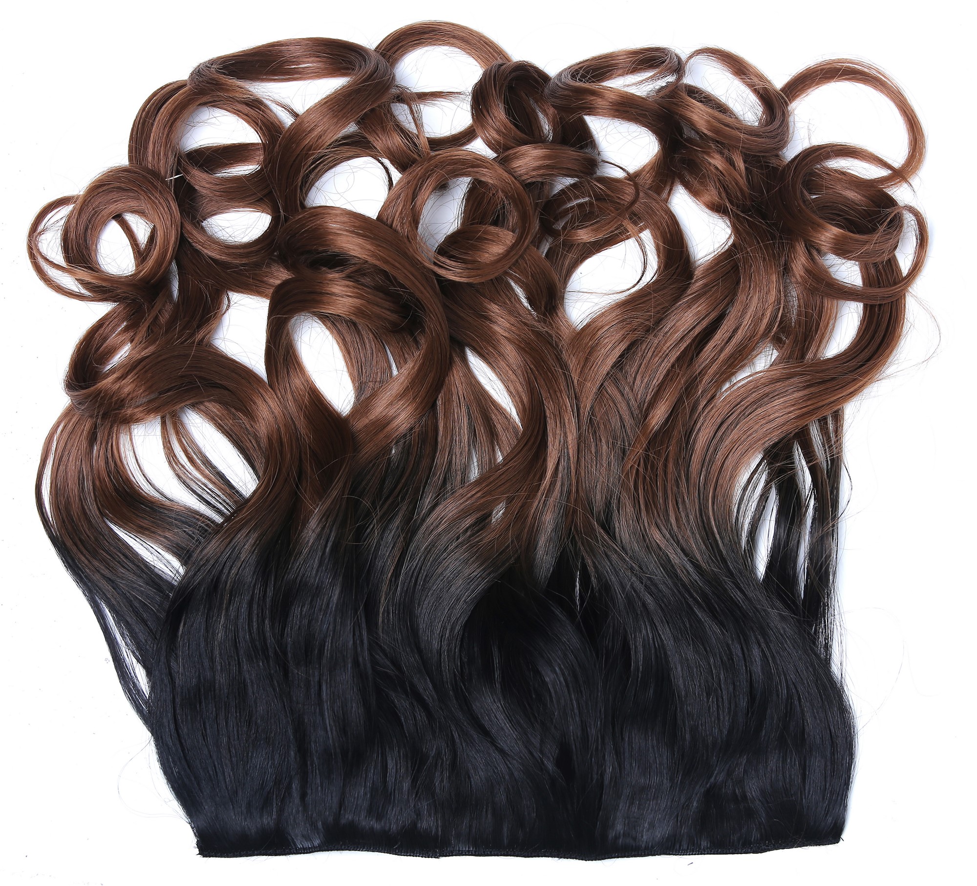 Clip-in hair extension 5 clips wide wavy ombre black gold brown CMT-863, front view, WIG ME UP: Your Perücken Online Shop Halfwig, black-brown mix, curled, shoulder-length