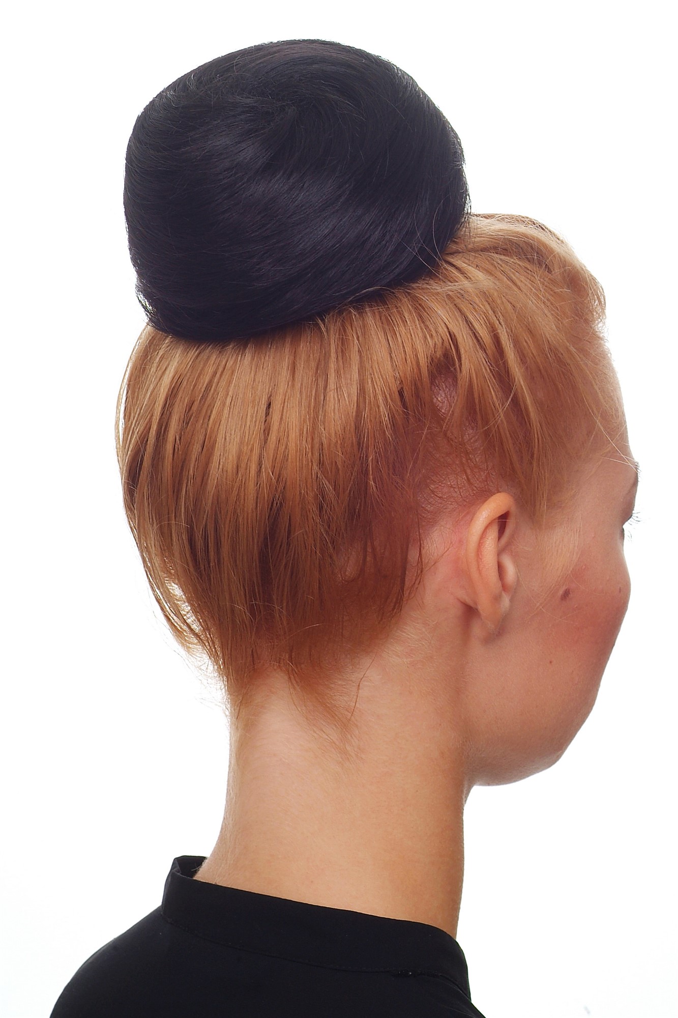 Dutt Haarknoten 60er Vintage Schwarz Modell: NHA-004B, Vorderansicht, WIG ME UP: Ihr Perücken Online Shop glatter Dutt Haarteil Samtschwarz