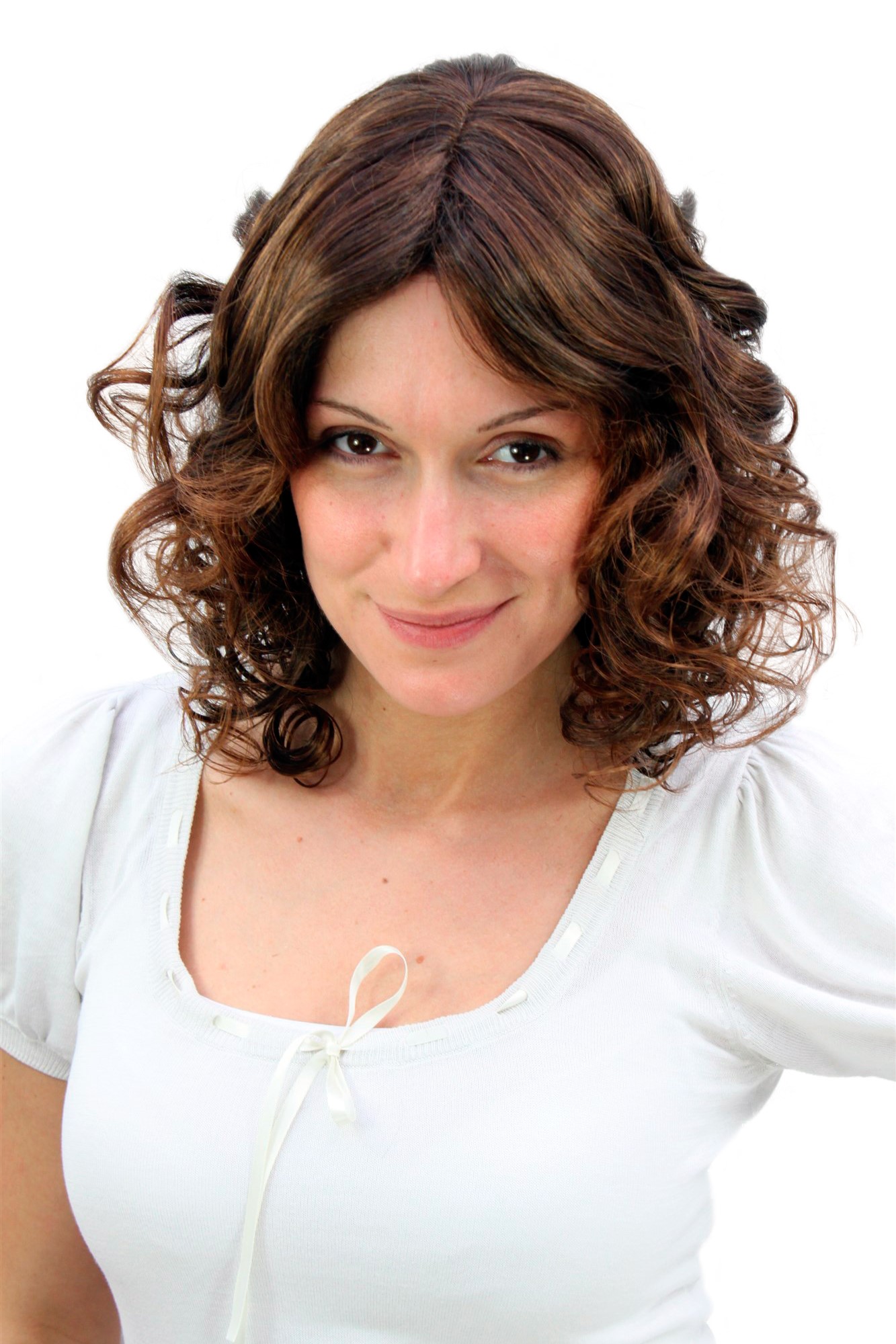 Lady wig romantic look cute curls curled brunette chestnut brown mix 4019 , front view, WIG ME UP: Your Perücken Online Shop Quality Wigs, Ladies, black-brown and copper-brown, curled, shoulder-length
