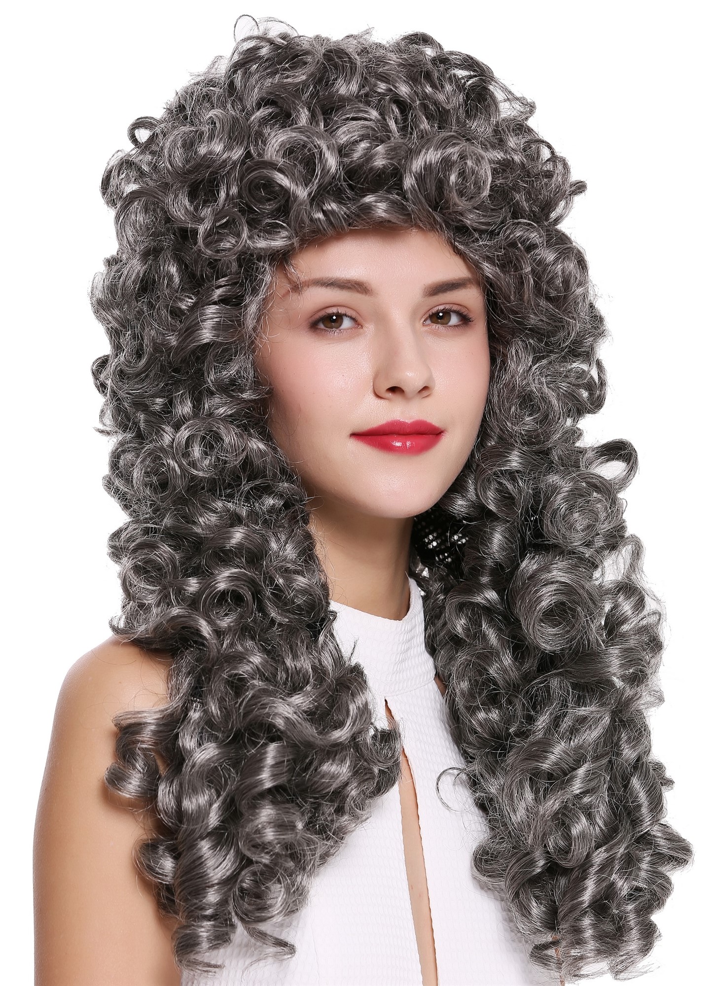 hochwertige Qualitätsperücken, Perücke Lang Locken Barock Renaissance Edelmann Grau B17-2P-B-44, Vorderansicht, WIG ME UP: Ihr Perücken Online Shop lockige Tressen-Perücke mit Gummizug Dunkelbraun-Grau-Mix lange Haare für Herren