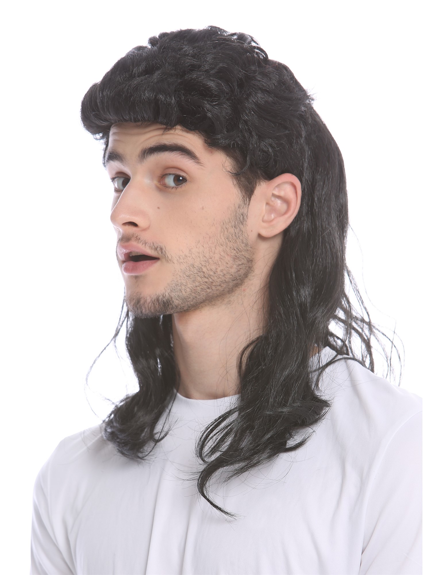 Women's wig men's wig carnival Halloween M´mullet black backcombed 1980's H20, view 3, WIG ME UP: Your Perücken Online Shop Party Wig, Unisex, Black, wavy, shoulder-length