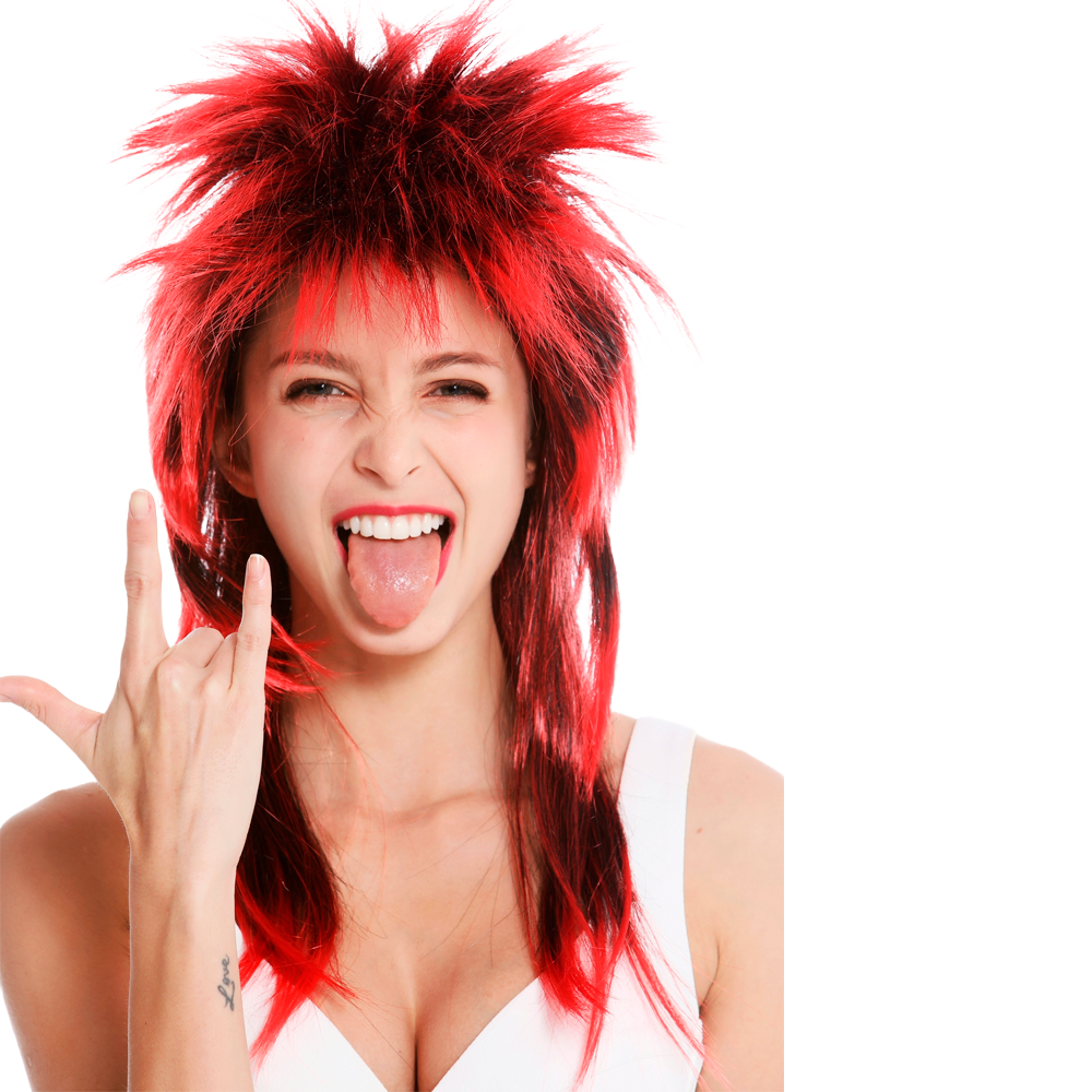 Image for the category of 80s wigs Red-black mullet wig with long hair and short hair on the head