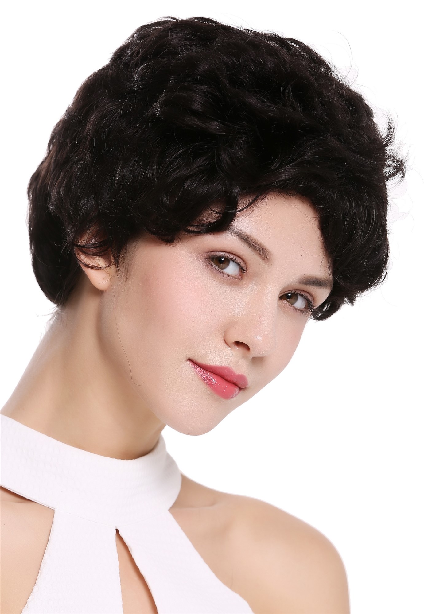 hochwertige Qualitätsperücken, Perücke Echthaar Herren Damen kurz schwarz NG-HH-13-1B, Vorderansicht, WIG ME UP: Ihr Perücken Online Shop wellige Tressen-Perücke 100% Echthaar Samtschwarz kurze Haare für Unisex
