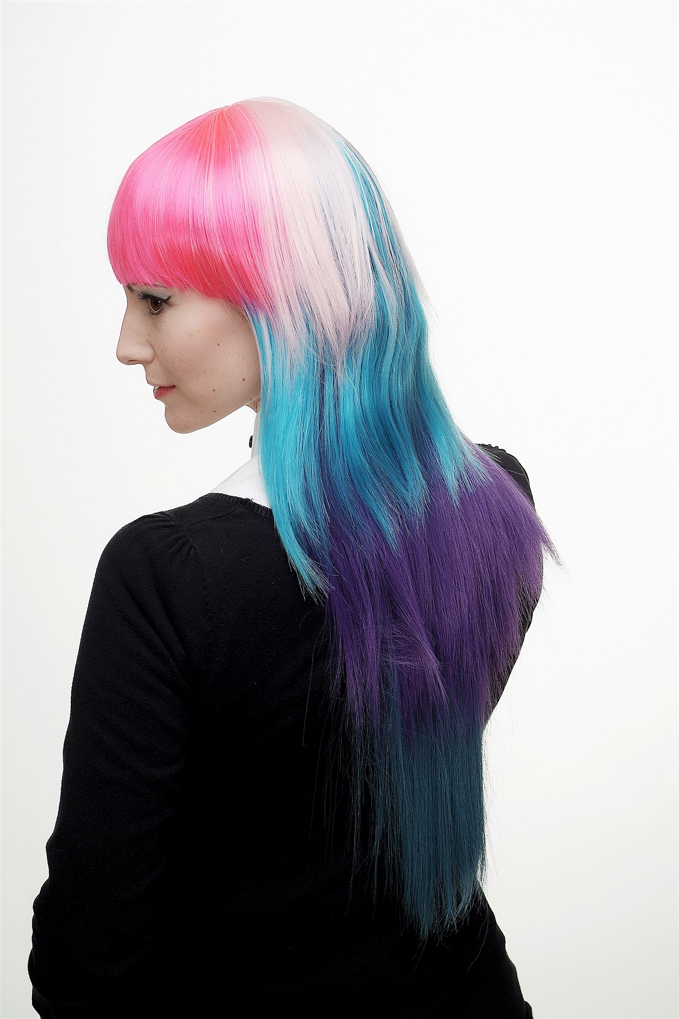 hochwertige Qualitätsperücken, Perücke Cosplay Bunt Pony Lang H9014-A-B-C-P-Z, Ansicht 3, WIG ME UP: Ihr Perücken Online Shop glatte Tressen-Perücke Pink Blau Weiß lange Haare für Damen
