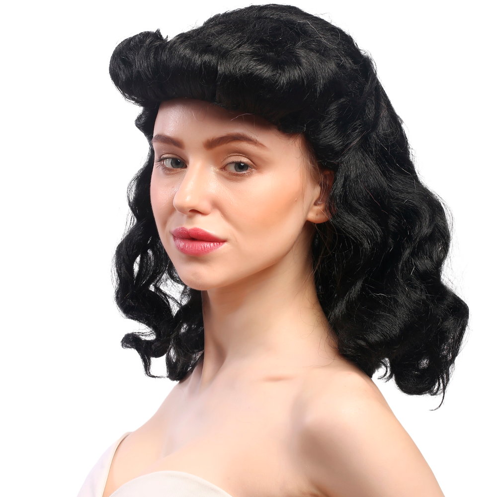 Kategoriebild für Party Perücken im Stil der 50er Jahre Schwarze schulterlange Perücke mit welligen Haaren und einer großen Tolle beim Pony