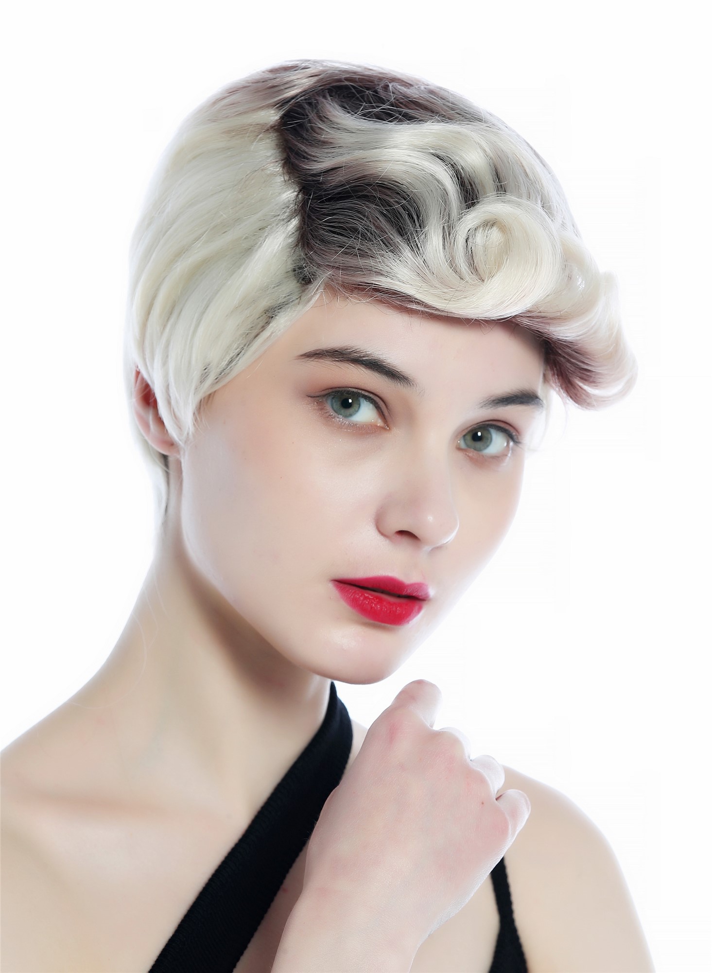 Wig Men Women short straight curled quiff auburn blond platinum mix DW3333, front view, WIG ME UP: Your Perücken Online Shop Quality Wigs, Unisex, brown-red-violet gradient to platinum blonde, curled, short