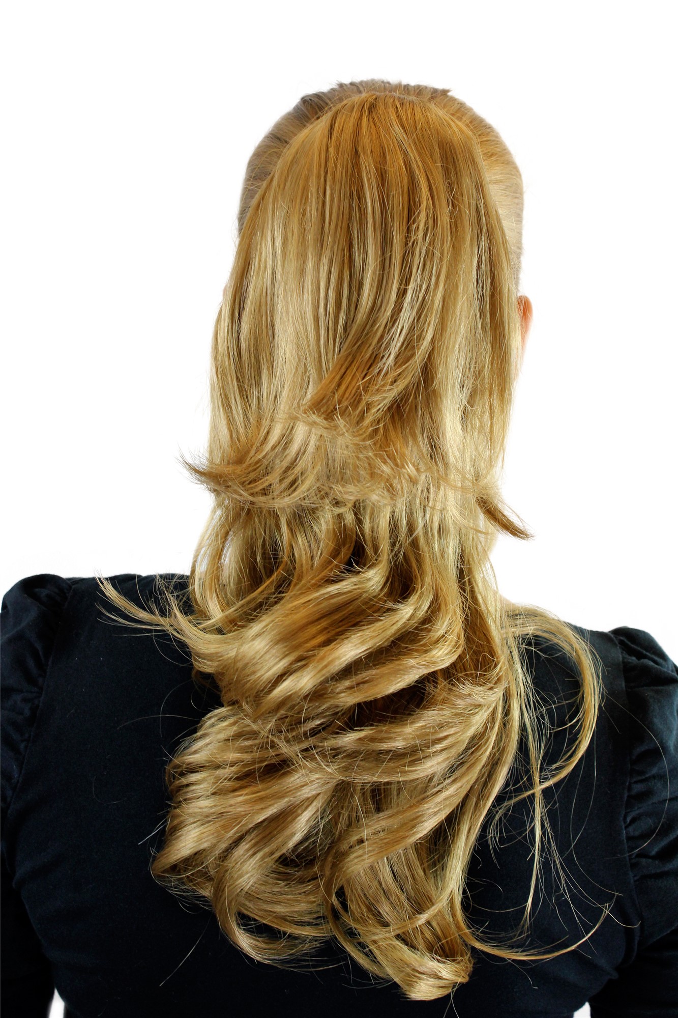 JL-0067-18-25 Ponytail Hairpiece extension long wavy dark blond blond mix claw clamp 18", front view, WIG ME UP: Your Perücken Online Shop Ponytails, medium brown-light blonde mix, wavy, shoulder-length