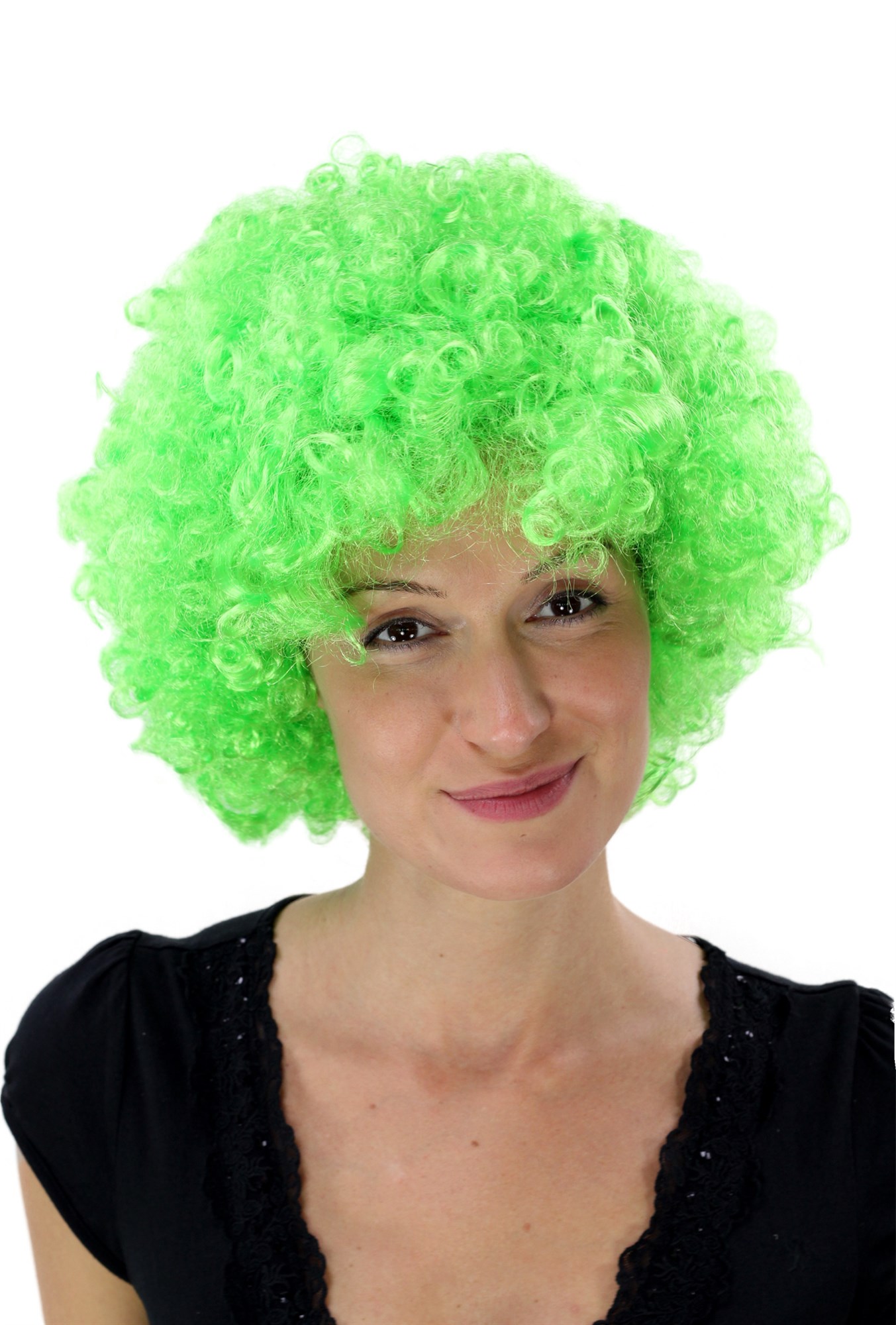 günstige Party Perücke, Afro Perücke 70er Jahre Party Neongrün Disco PW0011-PC15, Vorderansicht, WIG ME UP: Ihr Perücken Online Shop lockige Party Perücke Neongrün kurze Haare Unisex