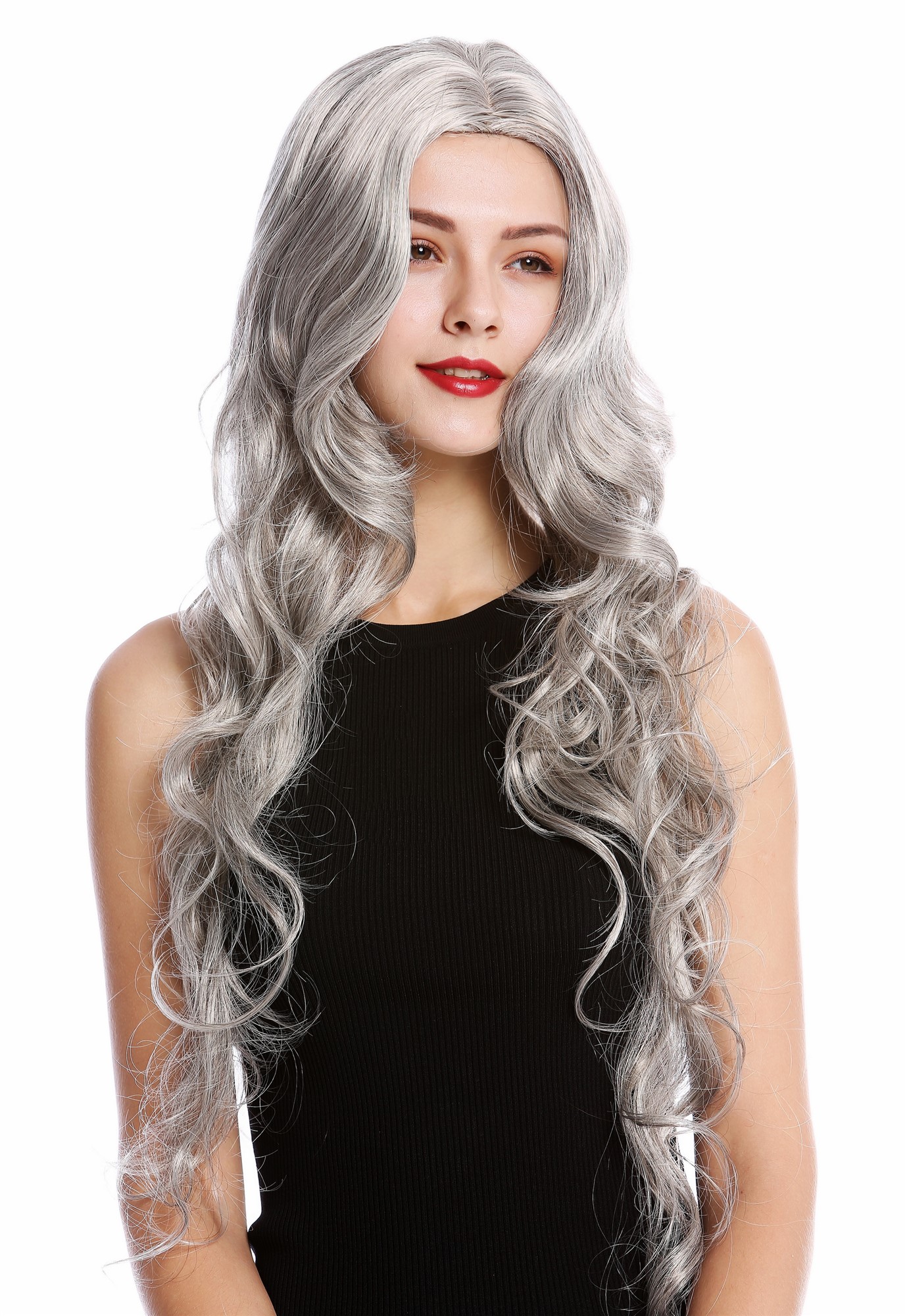 Lady wig women very long wavy middle parting silvery gray grey GFW2080, front view, WIG ME UP: Your Perücken Online Shop Quality Wigs, Ladies, silver gray with a small amount of black, wavy, very long