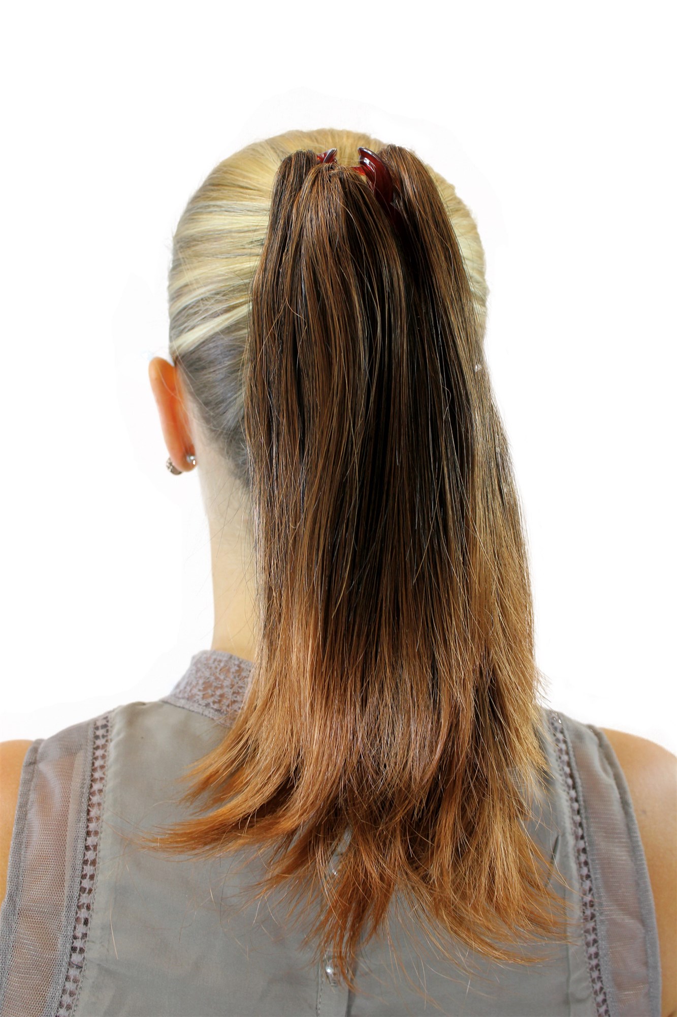 JL-0043-2T30 Ponytail Hairpiece extension medium length straight dark brown streaked with light copper brown highlighs chestnut claw clamp 12", view 2, WIG ME UP: Your Perücken Online Shop Ponytails, Brown, straight, short