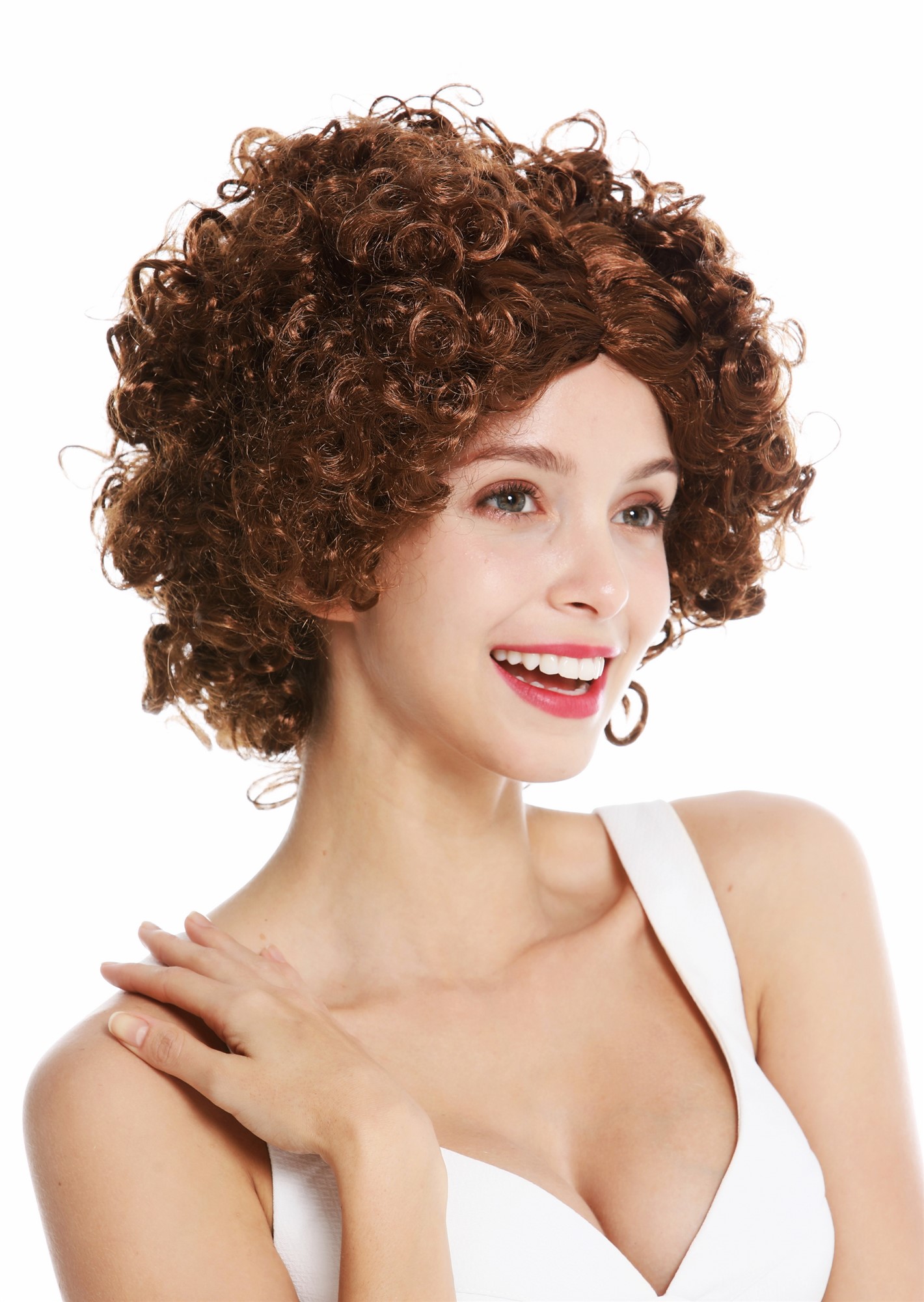 günstige Party Perücke, Perücke Afro Mittelscheitel 60er 70er Funk Braun DH1101-ZA6A, Vorderansicht, WIG ME UP: Ihr Perücken Online Shop lockige Party Perücke Mittelbraun kurze Haare für Damen