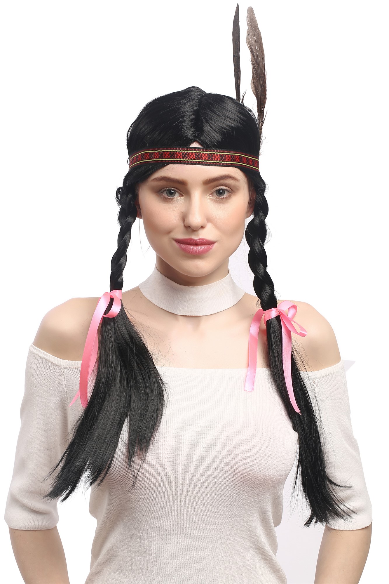 Lady Wig woman Native American long braided pigtails headband feather WG-7001, front view, WIG ME UP: Your Perücken Online Shop Party Wig, Ladies, Black, Braided, long