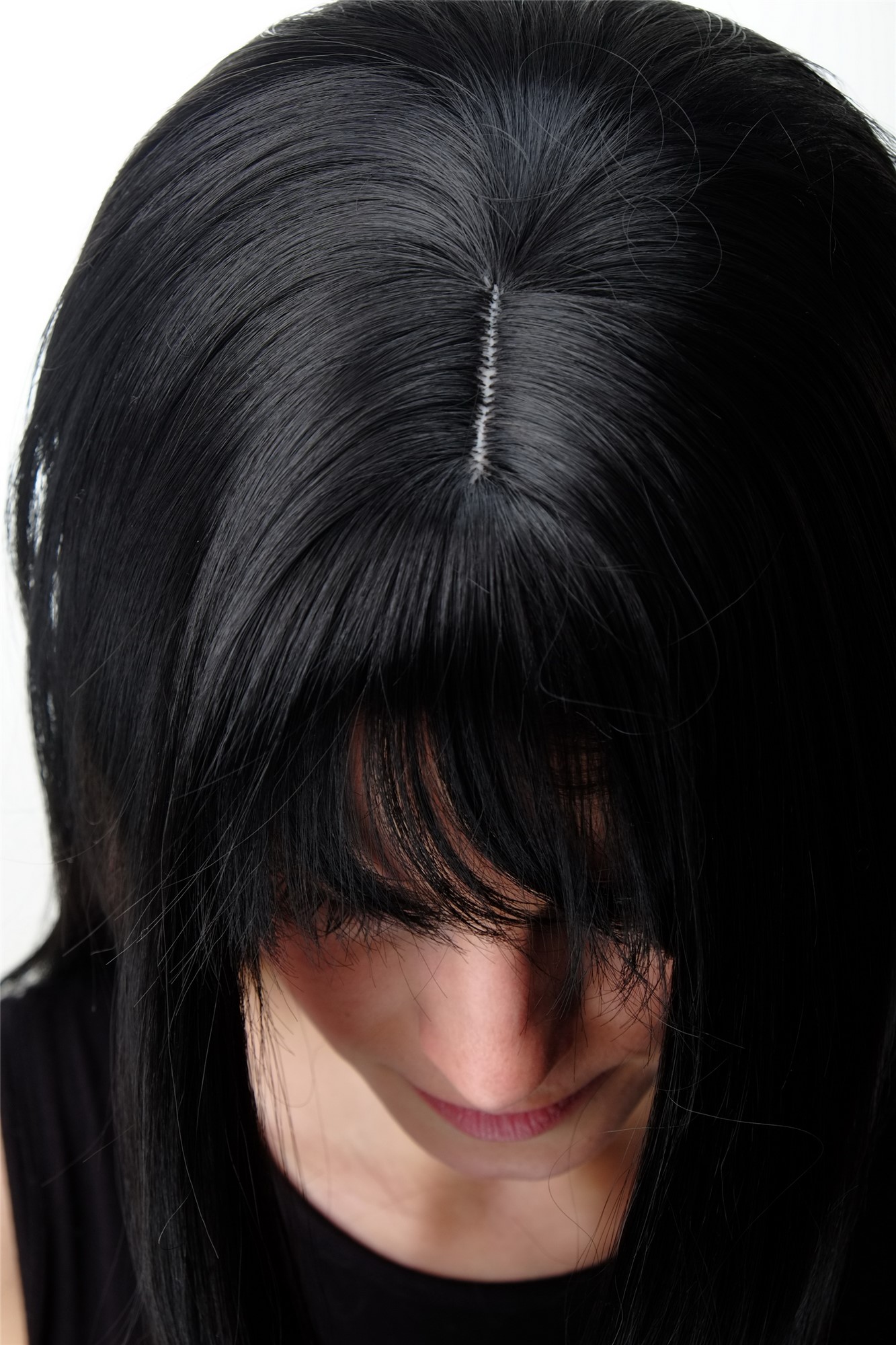hochwertige Qualitätsperücken, Damen Perücke gestuft lang glatt Pony schwarz GFW09-1B, Ansicht 5, WIG ME UP: Ihr Perücken Online Shop glatte Tressen-Perücke mit Kopfhaut-Imitat Samtschwarz lange Haare für Damen