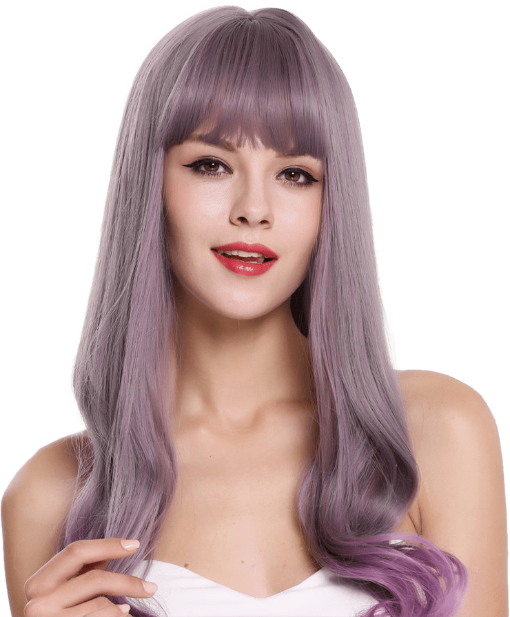 Category image for Ombre Wigs Grey purple long hair wig for women with purple wavy tips on straight hair and straight bangs