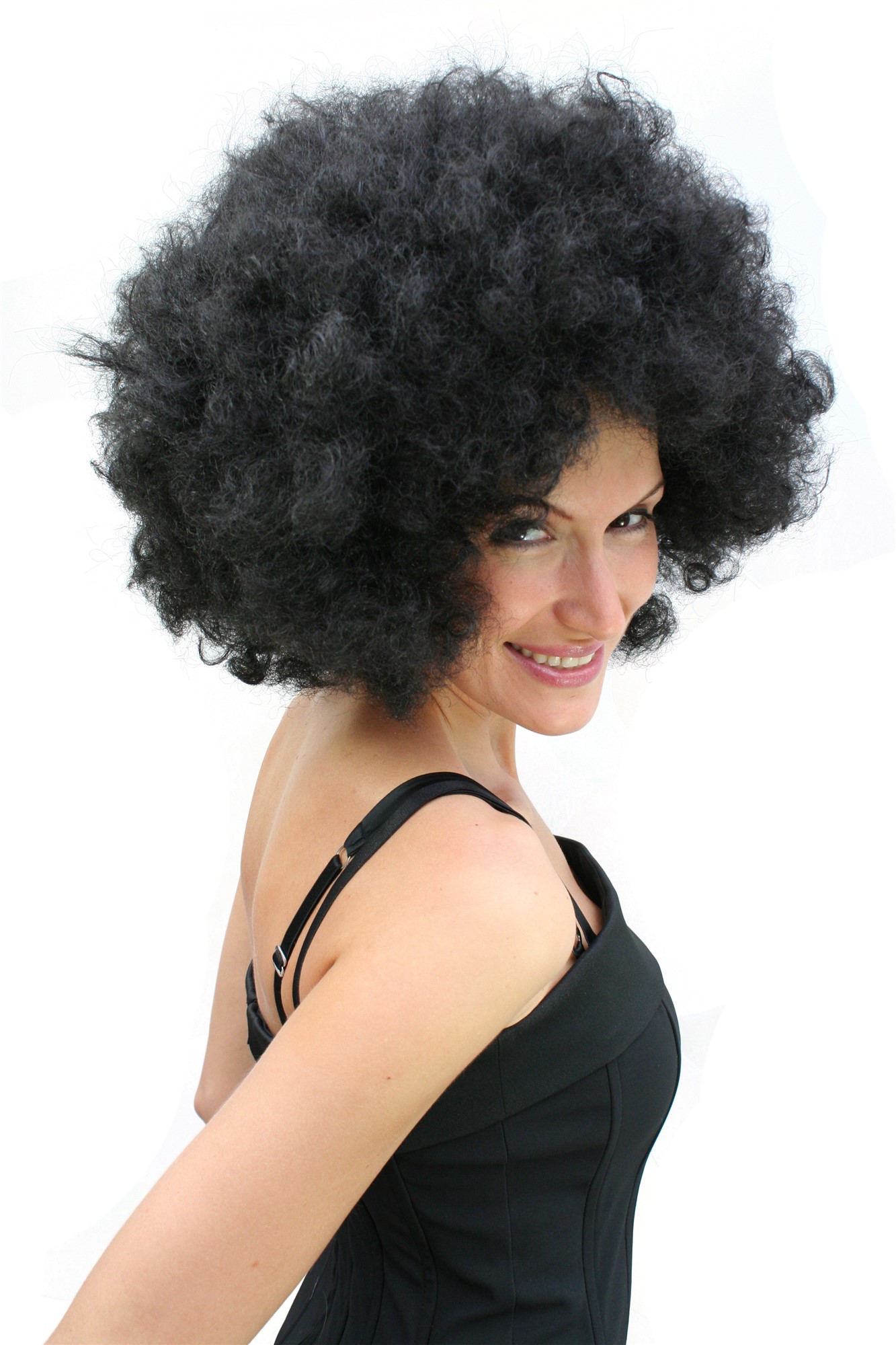 günstige Party Perücke, Afro-Perücke schwarz 70er Jahre Party Disco PW0011-P103, Vorderansicht, WIG ME UP: Ihr Perücken Online Shop lockige Party Perücke Schwarz kurze Haare für Damen