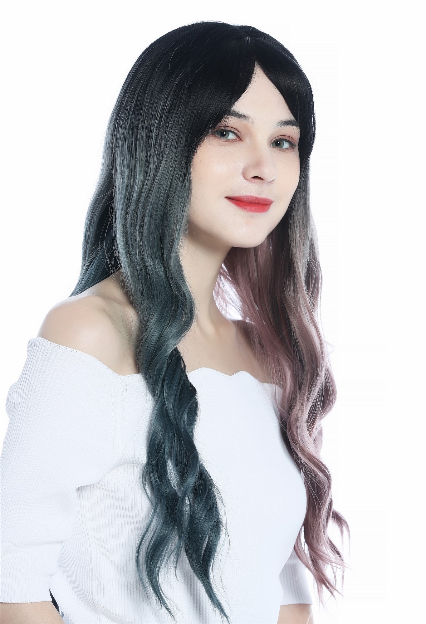 hochwertige Qualitätsperücken, Perücke lang asymmetrische Ombre Farbe Schwarz Graublau Altrosa C8259-612-422, Ansicht 2, WIG ME UP: Ihr Perücken Online Shop wellige Tressen-Perücke mit Kopfhaut-Imitat Schwarz Verlauf in Graublau rechts und Altrosa links lange Haare für Damen