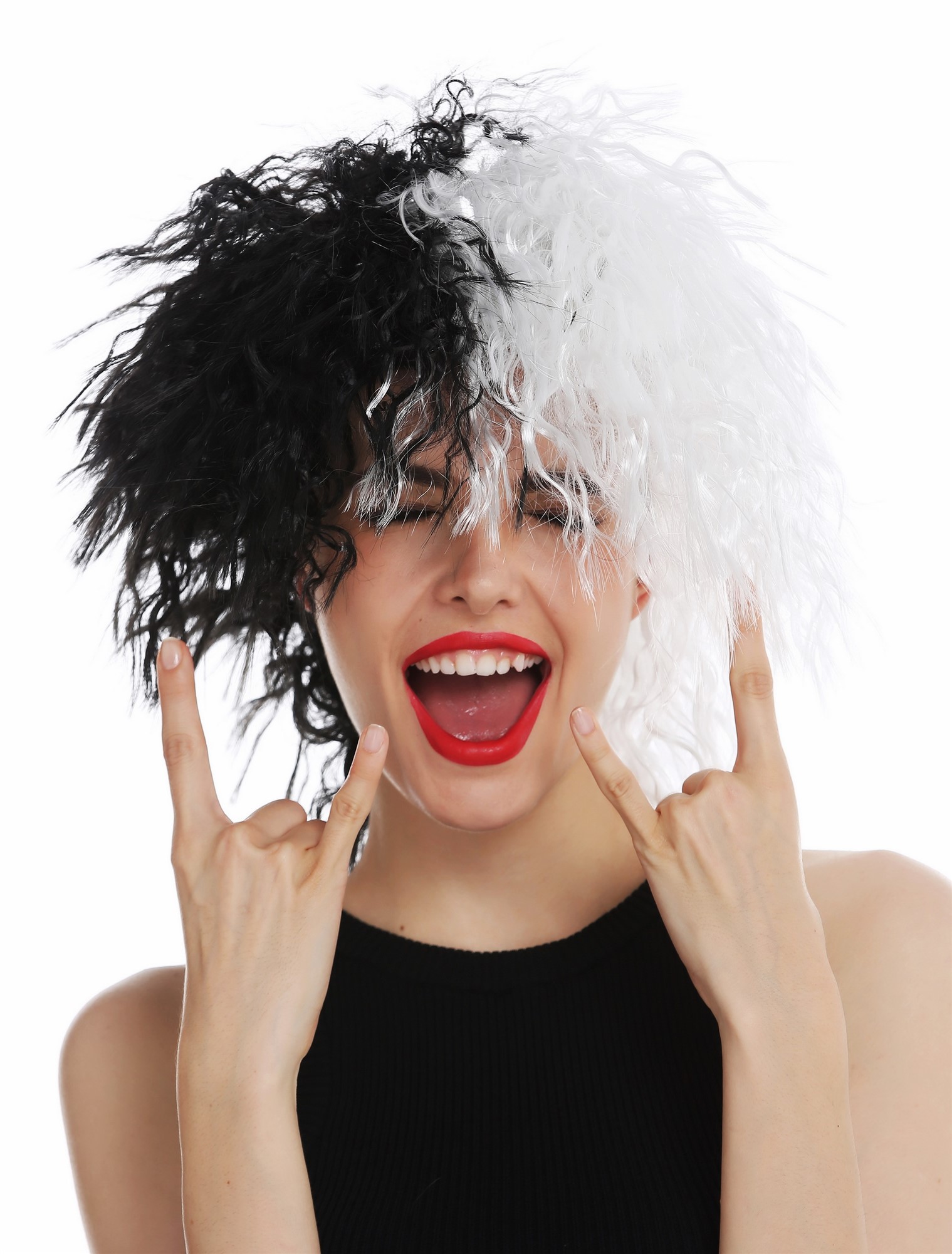 günstige Party Perücke, Perücke voluminös wild wellig Schwarz Weiß Hälften 30720-P103-68, Ansicht 2, WIG ME UP: Ihr Perücken Online Shop wellige Party Perücke Tiefschwarz-Weiß-Mix schulterlange Haare Unisex