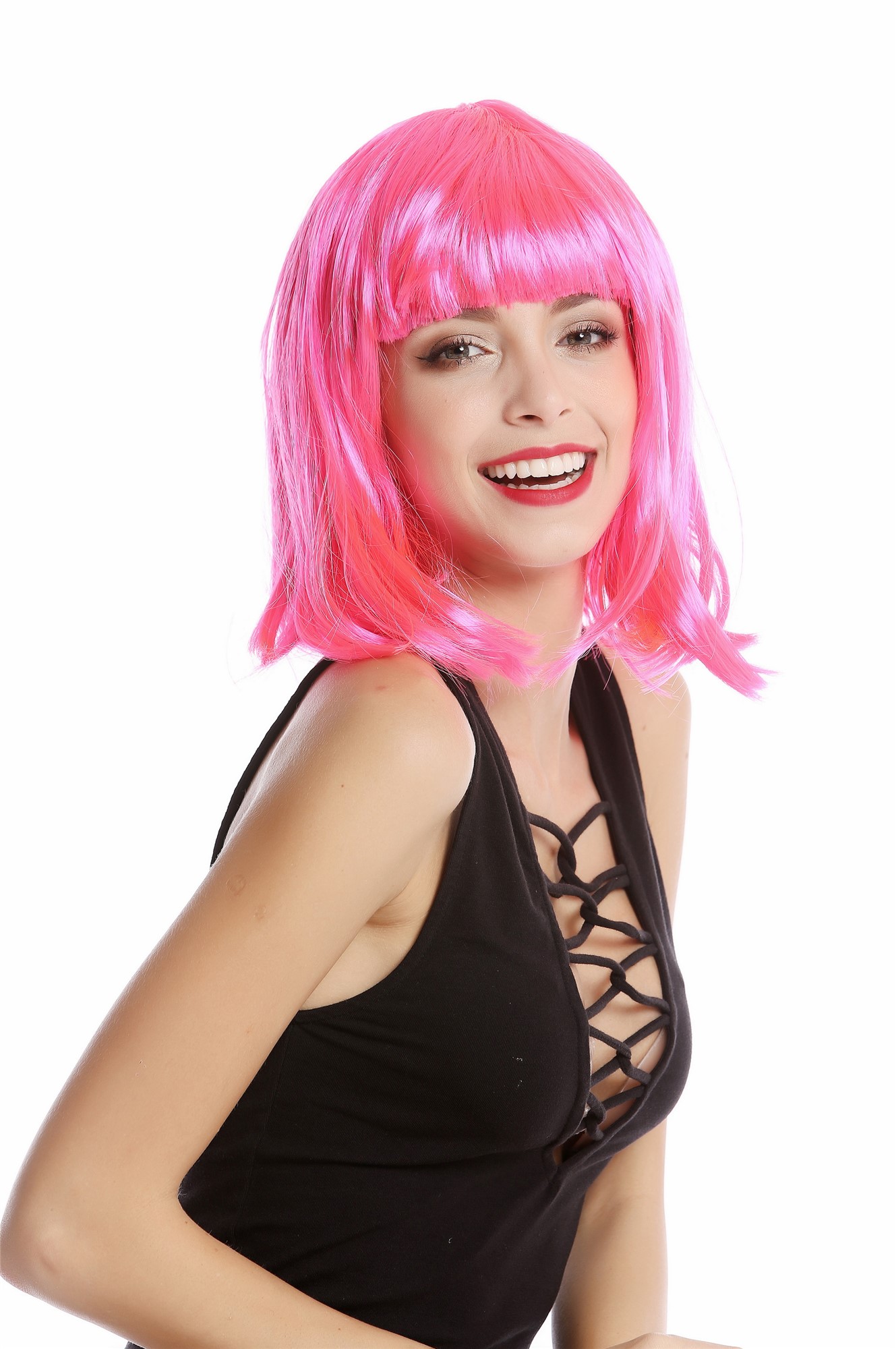 günstige Party Perücke, Perücke Bob-Frisur Longbob glatt Pony Pink 0073-3-PC5, Ansicht 4, WIG ME UP: Ihr Perücken Online Shop glatte Party Perücke Rosa schulterlange Haare für Damen