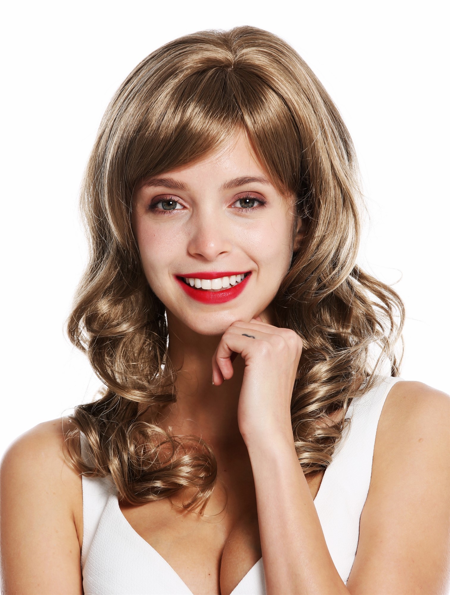 hochwertige Qualitätsperücken, Perücke lang edel gelockt Braun Blond Gesträhnt VK-46-12-T16, Vorderansicht, WIG ME UP: Ihr Perücken Online Shop lockige Tressen-Perücke mit Kopfhaut-Imitat Blond-Braun-Mix lange Haare für Damen