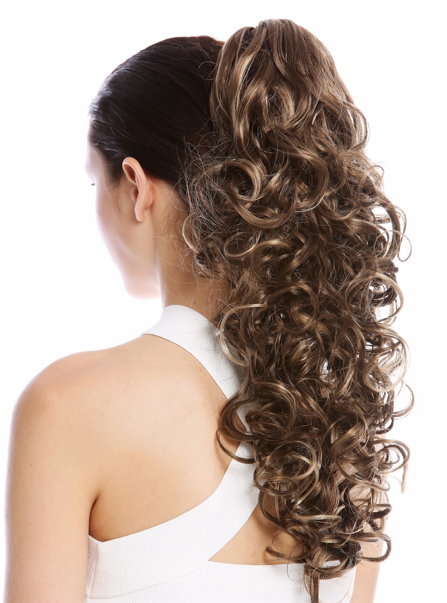 hochwertiger Zopf Pferdeschwanz lockig lang voluminös Braun Blond Gesträhnt N956-V-10H16, Vorderansicht, WIG ME UP: Ihr Perücken Online Shop glattes Zopf-Haarteil Braun-Blond-Mix 50 cm lang