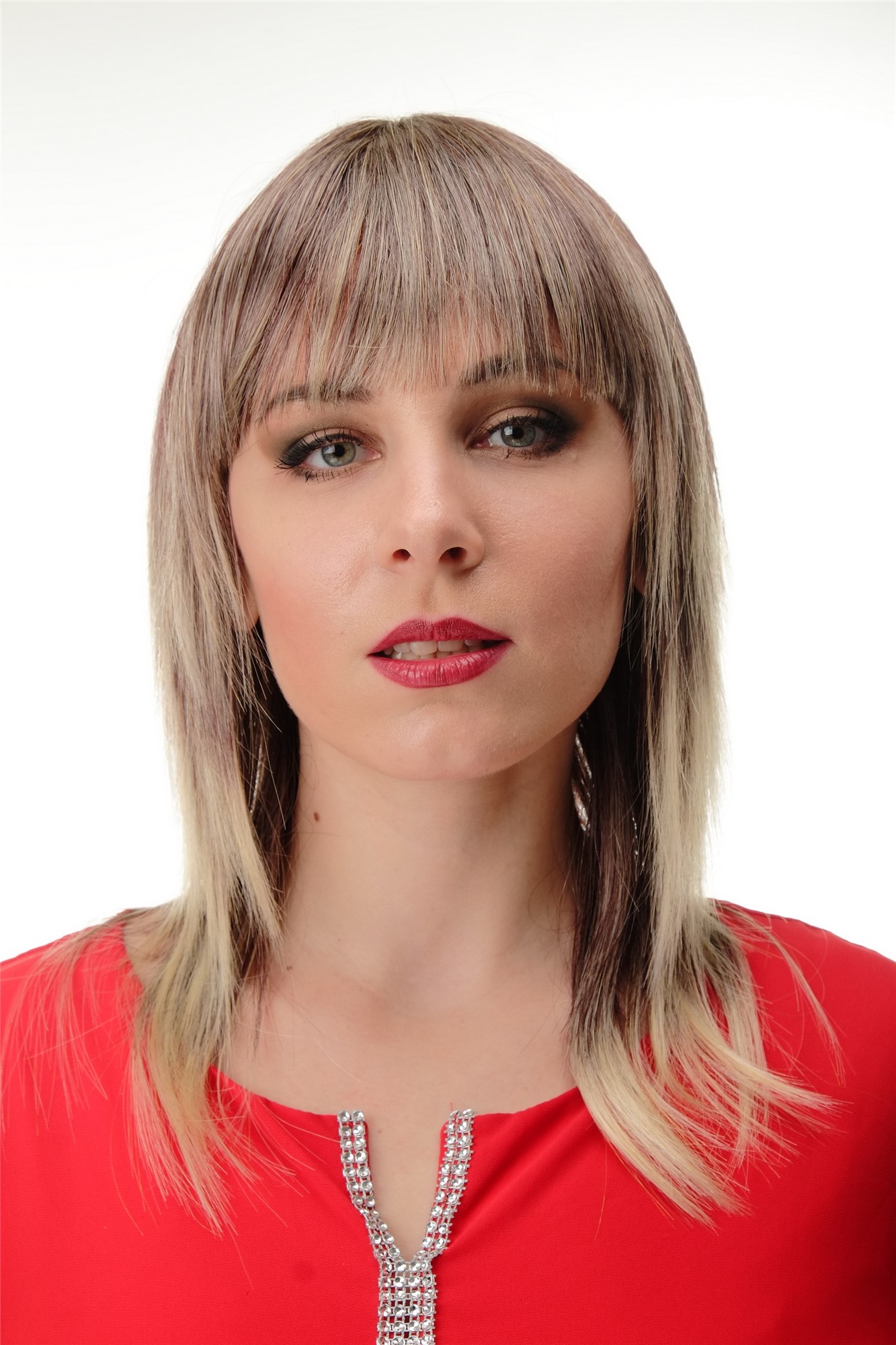 hochwertige Qualitätsperücken, Perücke Schulterlang Pony Braun Blond Gesträhnt GFW2203-99JT613E, Ansicht 2, WIG ME UP: Ihr Perücken Online Shop glatte Tressen-Perücke mit Kopfhaut-Imitat Rotbraun-Lichtblond-Mix schulterlange Haare für Damen