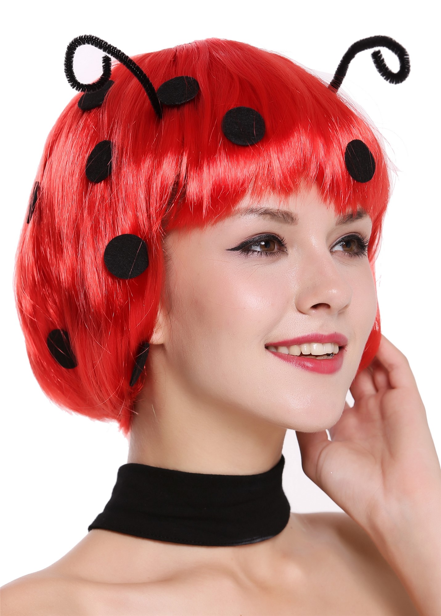 Super Cute Lady Party Wig Ladybug Ladybird red Bob black dots antennas  91574, front view, WIG ME UP: Your Perücken Online Shop Party Wig, Ladies, Red, straight, short
