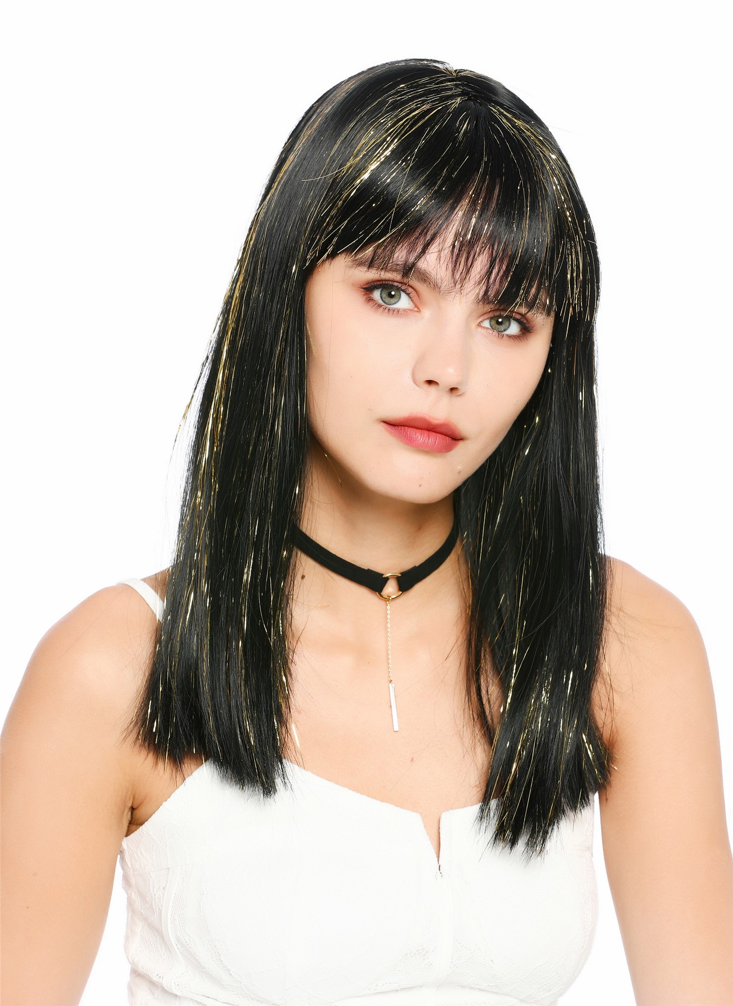 glatte Party-Perücke Schwarz mit Gold-Strähnen 50 cm lange Perücke für Damen