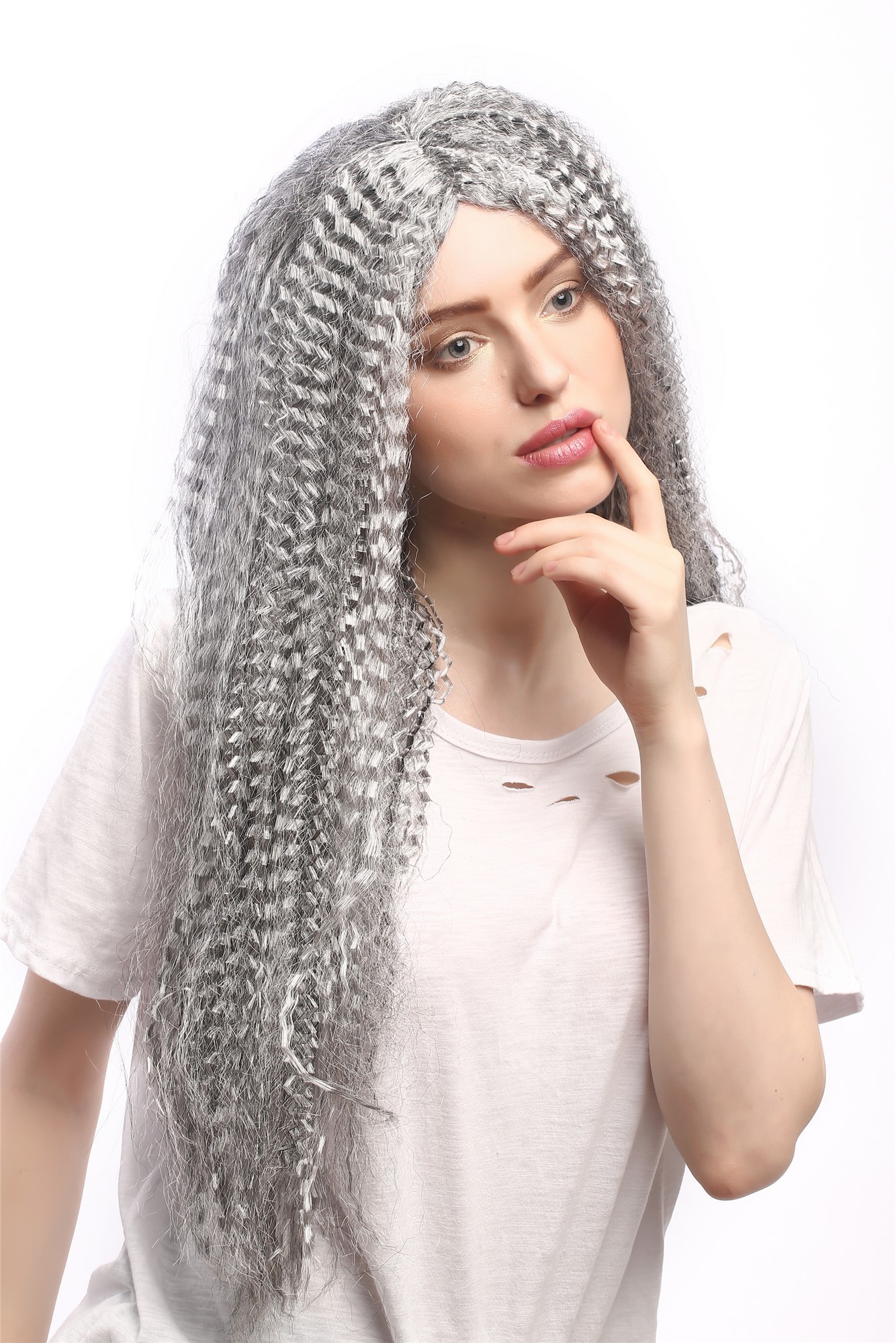 Lady Party Wig Halloween long kinked grey hair straight middle parting Vampire Witch Old Hippy 23", view 3, WIG ME UP: Your Perücken Online Shop Party Wig, Ladies, Grey, curled, long
