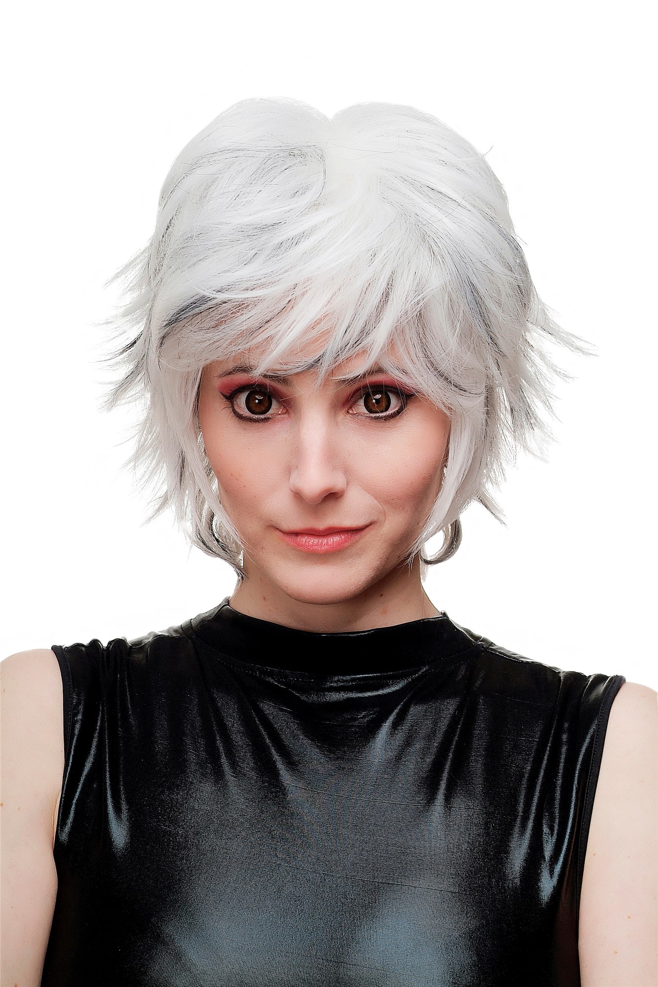hochwertige Qualitätsperücken, Perücke Cosplay Weiß Schwarz SA069-1001H1B, Vorderansicht, WIG ME UP: Ihr Perücken Online Shop wellige Tressen-Perücke Weiß-Schwarz-Mix kurze Haare für Damen
