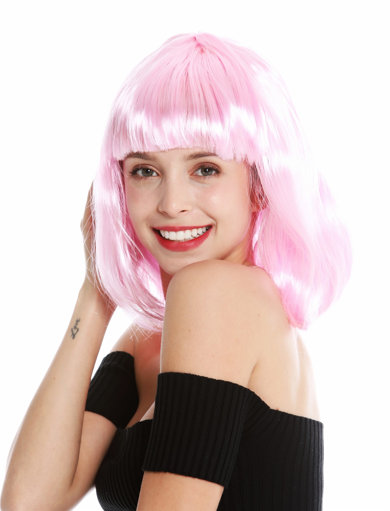 Lady Wig Halloween Carnival Disco bob longbob shoulder length bangs pink 0073, view 2, WIG ME UP: Your Perücken Online Shop Party Wig, Ladies, light pink, straight, short
