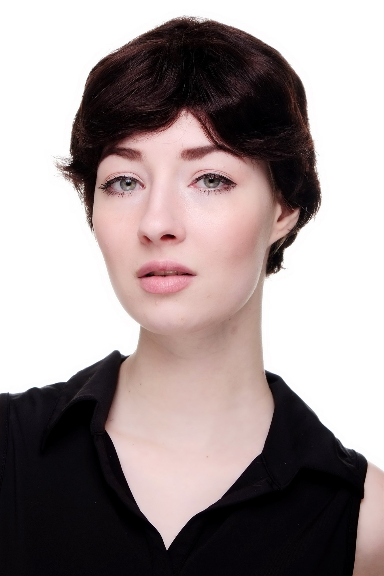 hochwertige Qualitätsperücken, Echthaarperücke Dunkelbraun Kurz Wellig 9908HH-4, Vorderansicht, WIG ME UP: Ihr Perücken Online Shop wellige Tressen-Perücke 100% Echthaar Braun kurze Haare für Damen