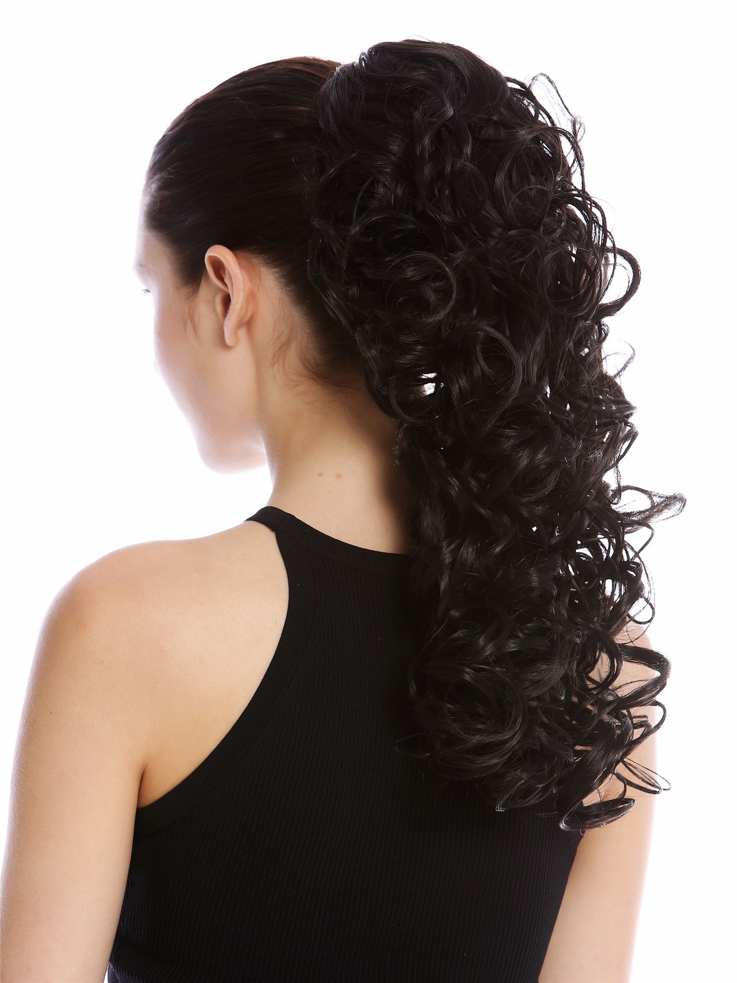 Ponytail Hairpiece Combs Clamp long voluminous curled curls off black MKB-6A, front view, WIG ME UP: Your Perücken Online Shop Ponytails, black-brown, curled, shoulder-length