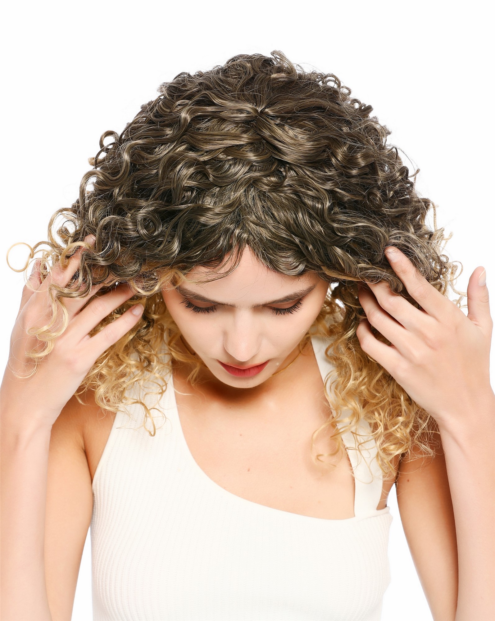 Damenperücke lang voluminös gelockt lockig Ombre Braun Mix kupferblonde Spitzen SZL0687-DHT4T18/27A