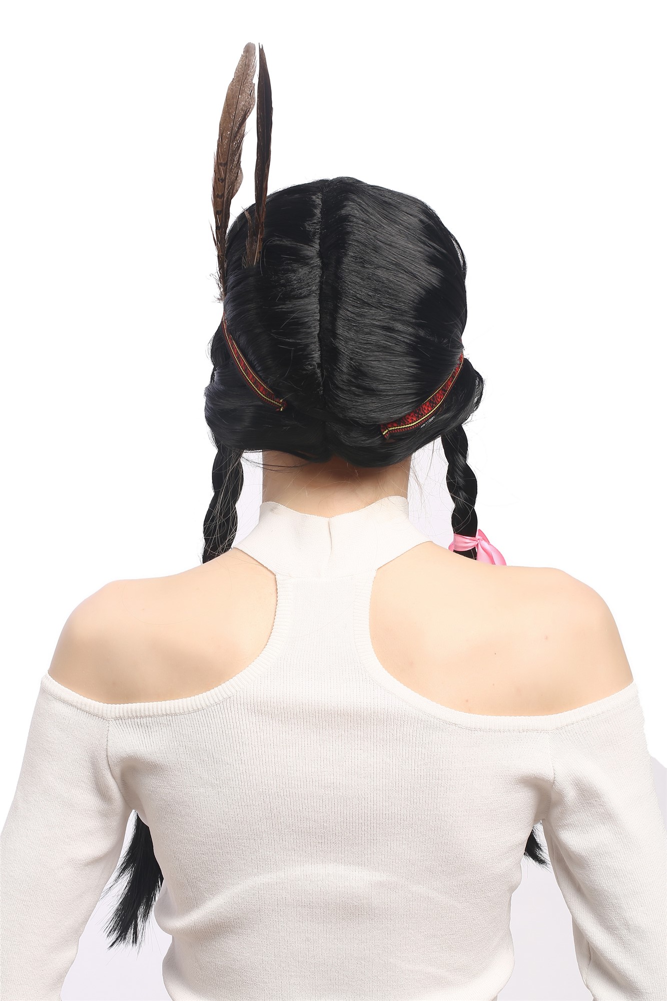 Lady Wig woman Native American long braided pigtails headband feather WG-7001, view 3, WIG ME UP: Your Perücken Online Shop Party Wig, Ladies, Black, Braided, long