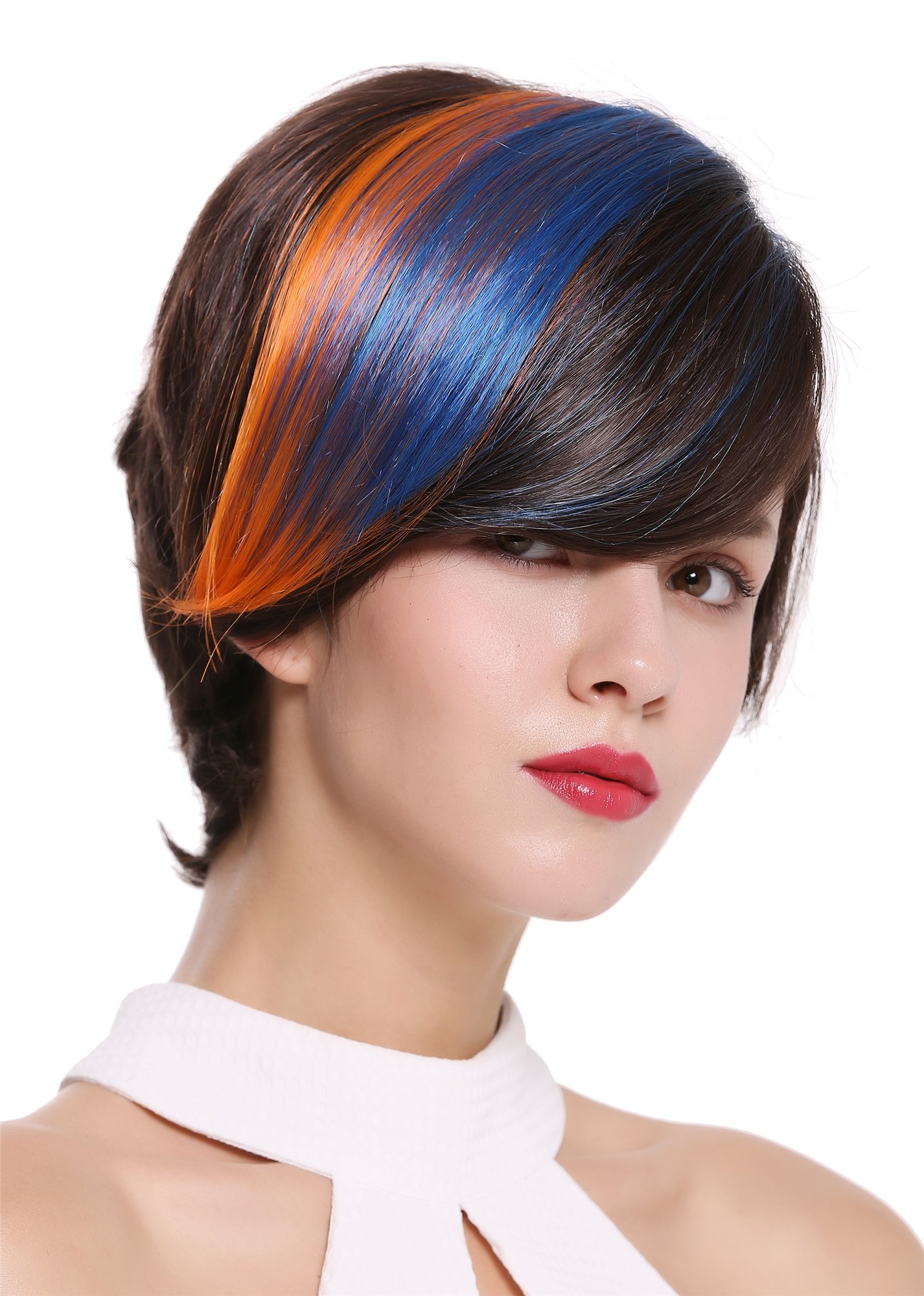 hochwertige Qualitätsperücken, Perücke Kurz Bunt Scheitel SA100-6-B061-K18, Vorderansicht, WIG ME UP: Ihr Perücken Online Shop glatte Tressen-Perücke Braun-Orange-Blau-Mix kurze Haare für Damen