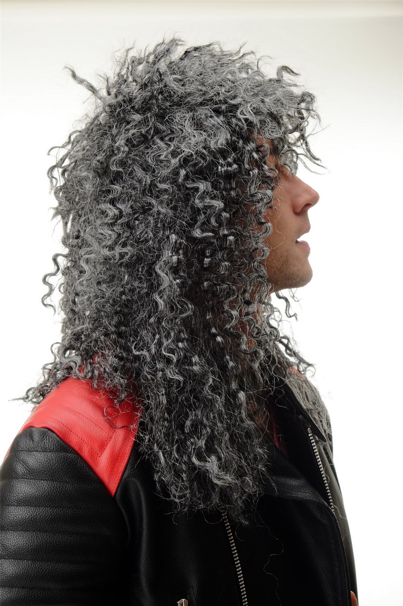 Wig Ladies Men Halloween Carnival curly wild long massive volume black with grey Hardrock Metal, view 4, WIG ME UP: Your Perücken Online Shop Party Wig, Unisex, pitch black-silver gray mix, curled, long
