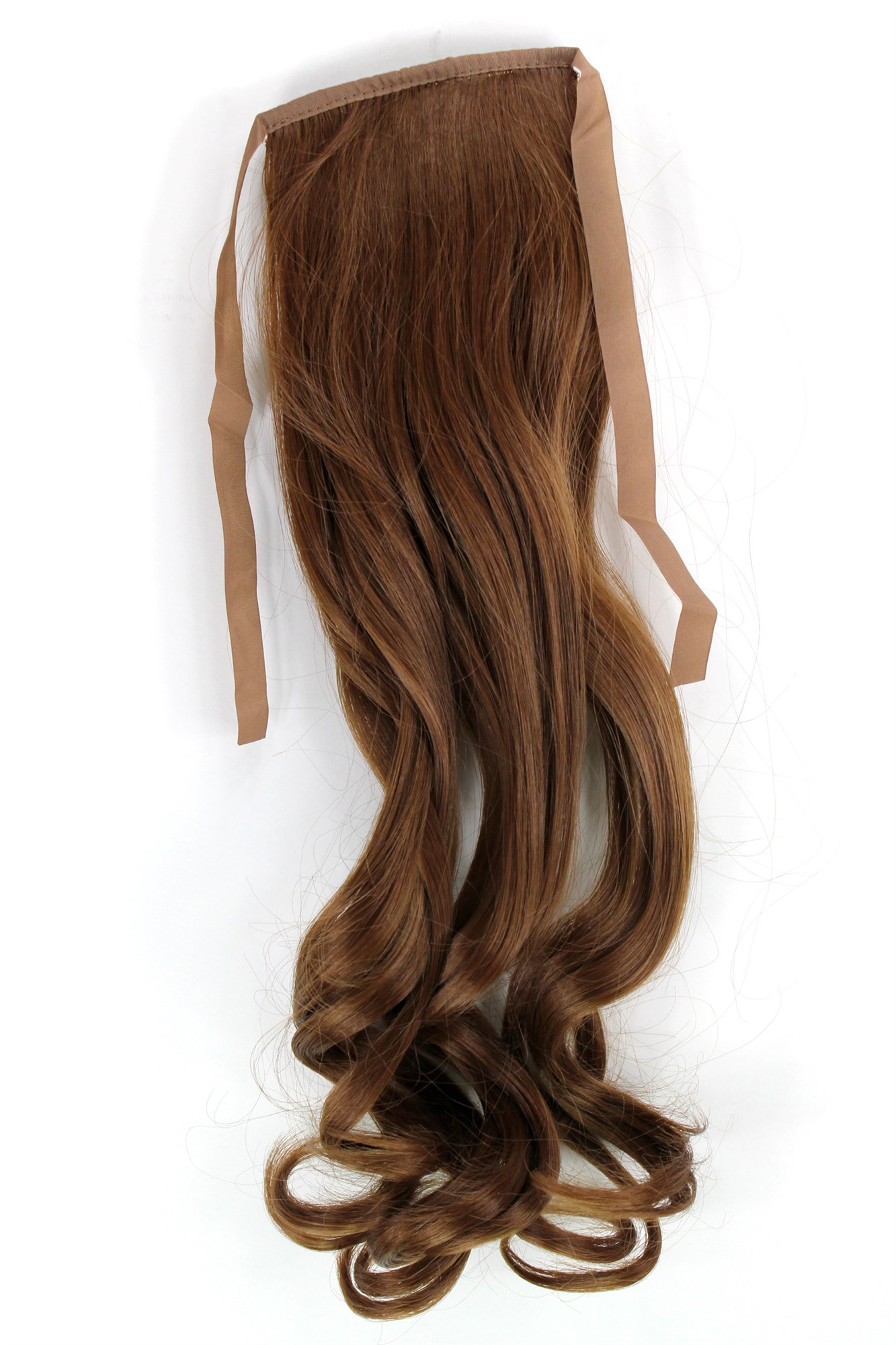 hochwertiges Haarteil Mittelbraun Goldbraun wellig Bändchen + Klammer Befestigung YZF-TC18-12, Vorderansicht, WIG ME UP: Ihr Perücken Online Shop welliges Zopf-Haarteil Mittelbraun 45 cm lang