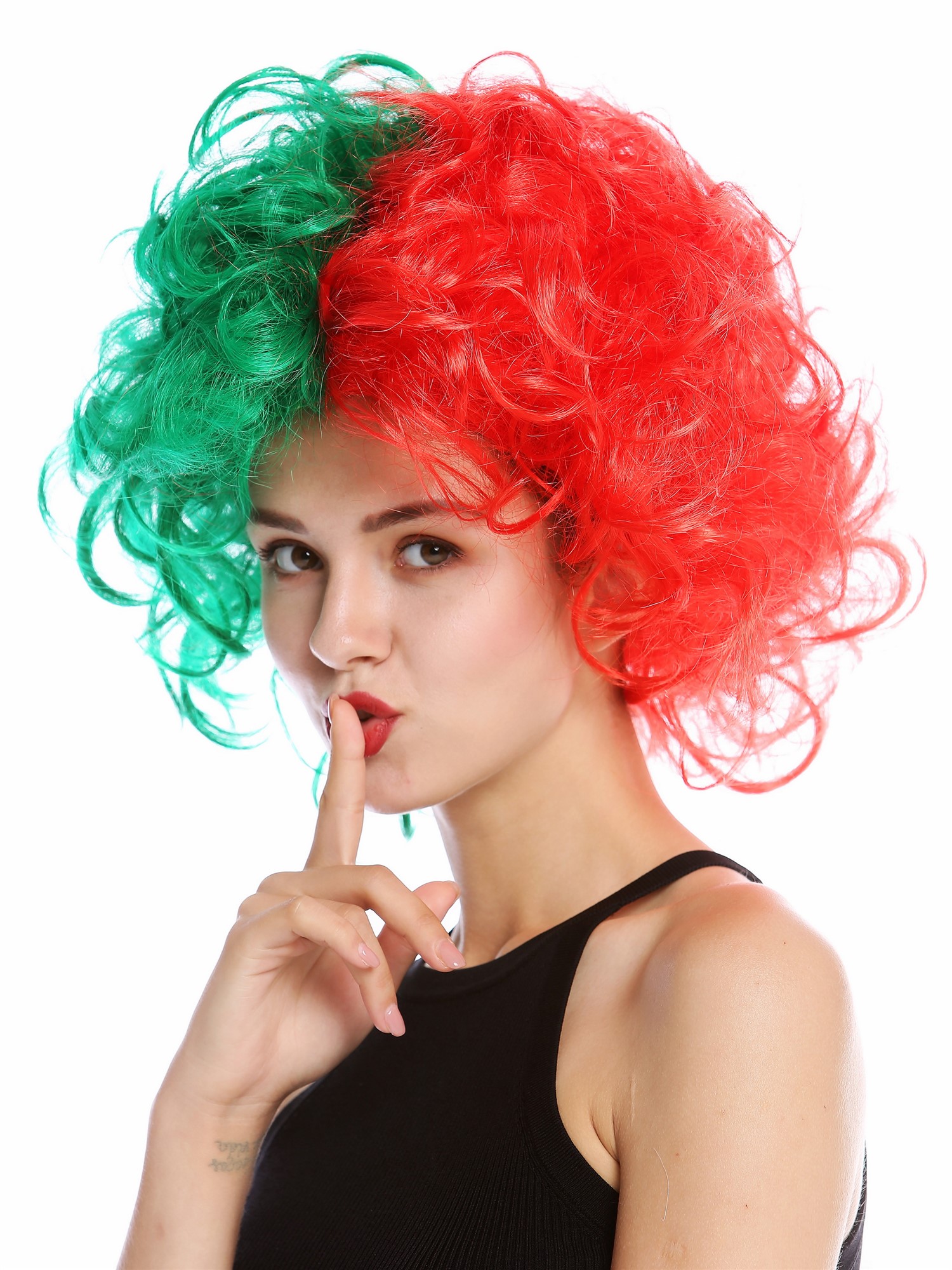 Lady Man Party Wig Evil Crazy Diva curly unruly curled half red half green 91344, front view, WIG ME UP: Your Perücken Online Shop Party Wig, Unisex, red-green coalition, curled, short