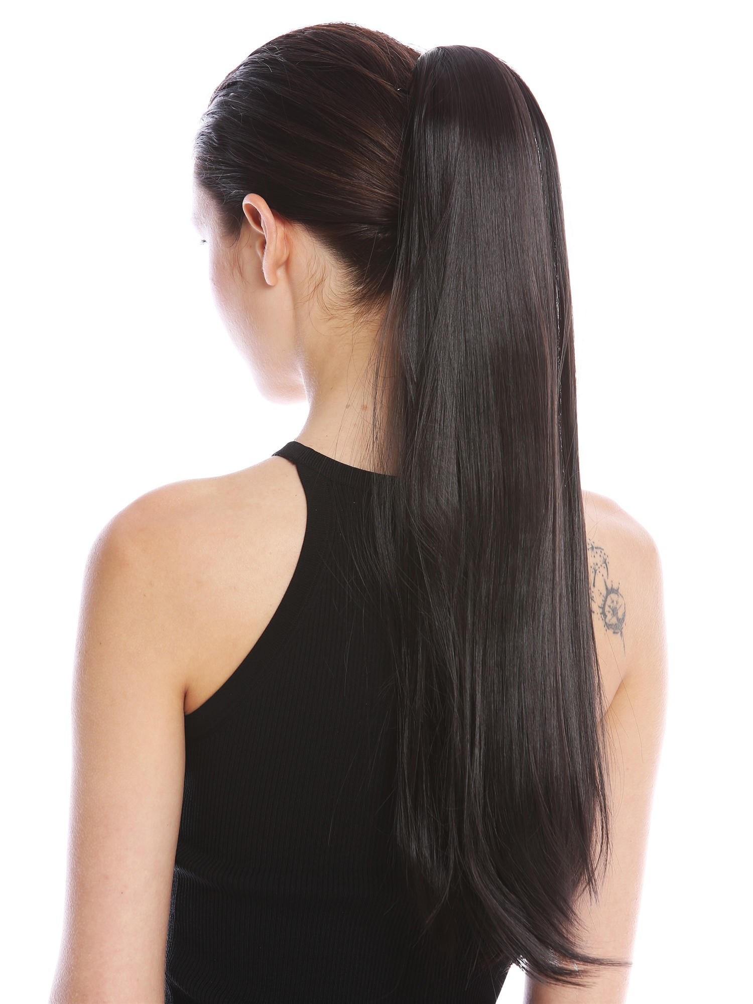 Ponytail Hairpiece comb & ribbon wrap-around long straight dark brown YZF-1094S, front view, WIG ME UP: Your Perücken Online Shop Ponytails, dark brown, straight, long